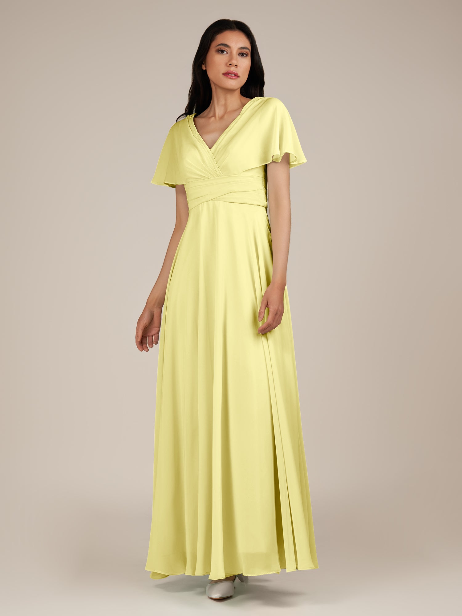 KissDress-Jasper Buttercup A Line Chiffon Cap Sleeves V Neck Long Bridesmaid Dress with Pleats
