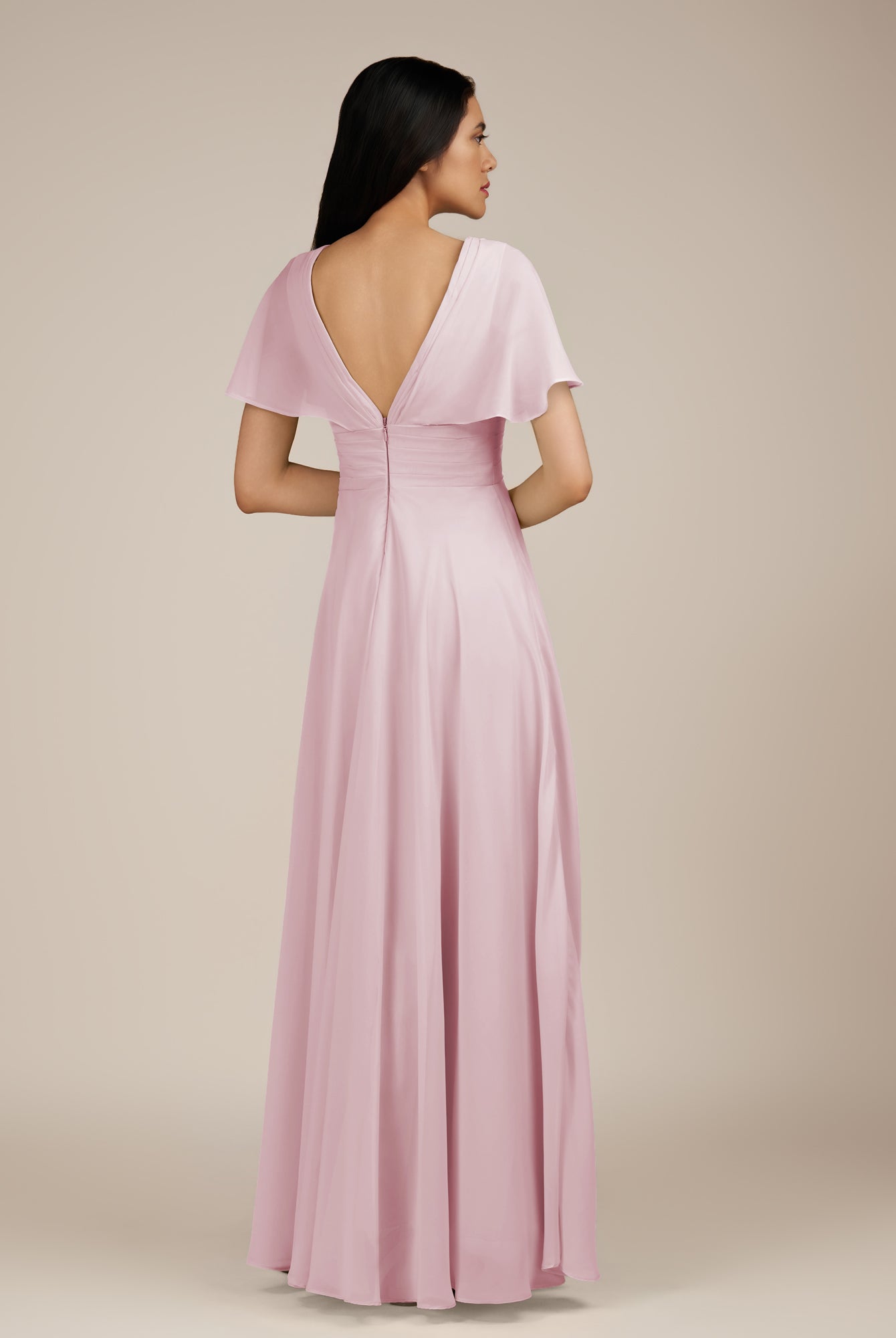KissDress-Jasper Candy Pink A Line Chiffon Cap Sleeves V Neck Long Bridesmaid Dress with Pleats