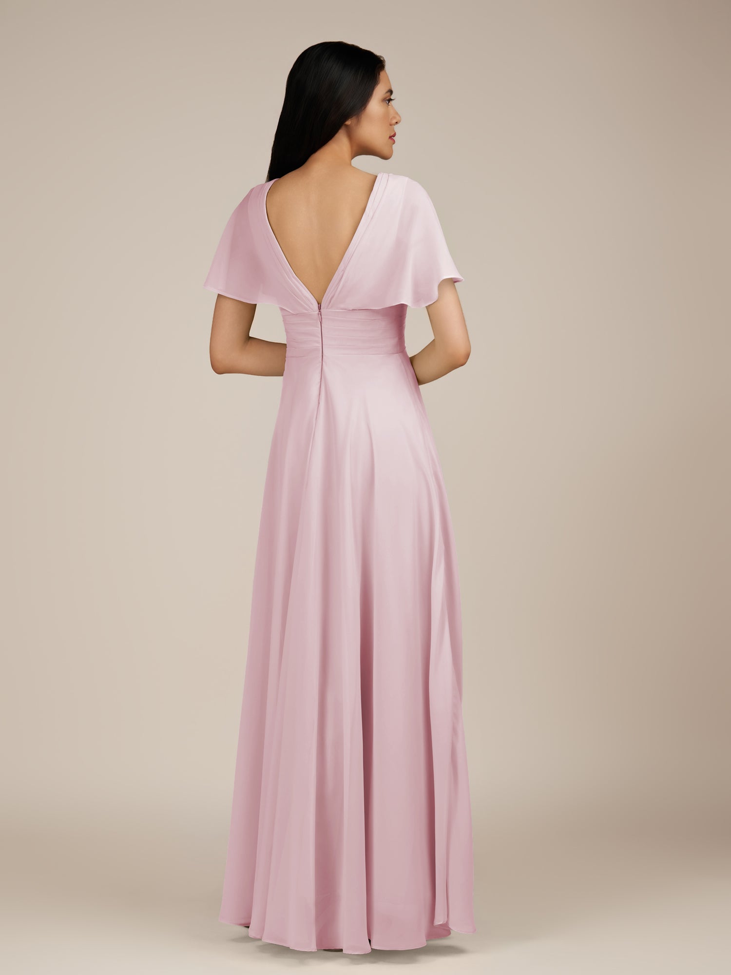 KissDress-Jasper Candy Pink A Line Chiffon Cap Sleeves V Neck Long Bridesmaid Dress with Pleats