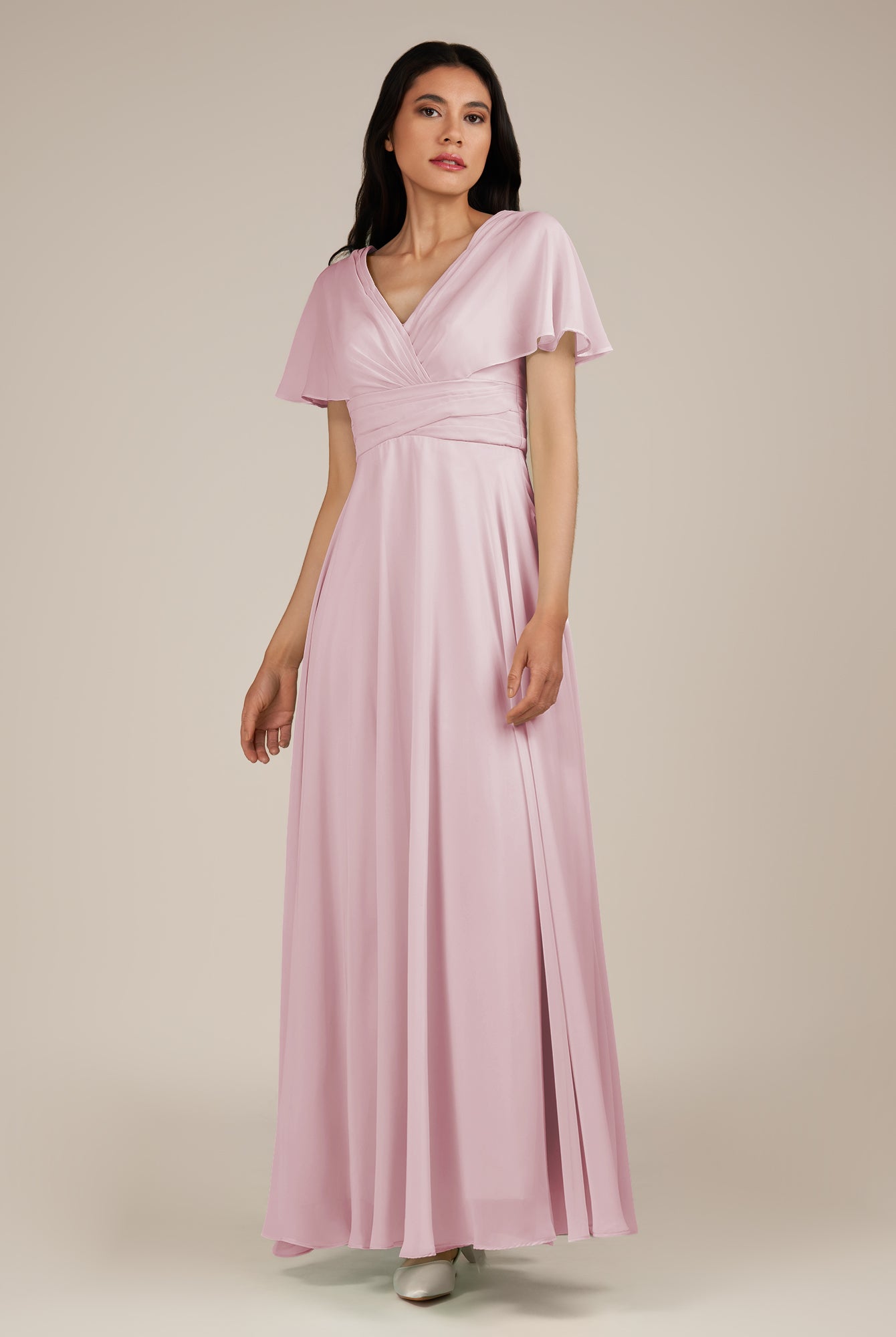 KissDress-Jasper Candy Pink A Line Chiffon Cap Sleeves V Neck Long Bridesmaid Dress with Pleats