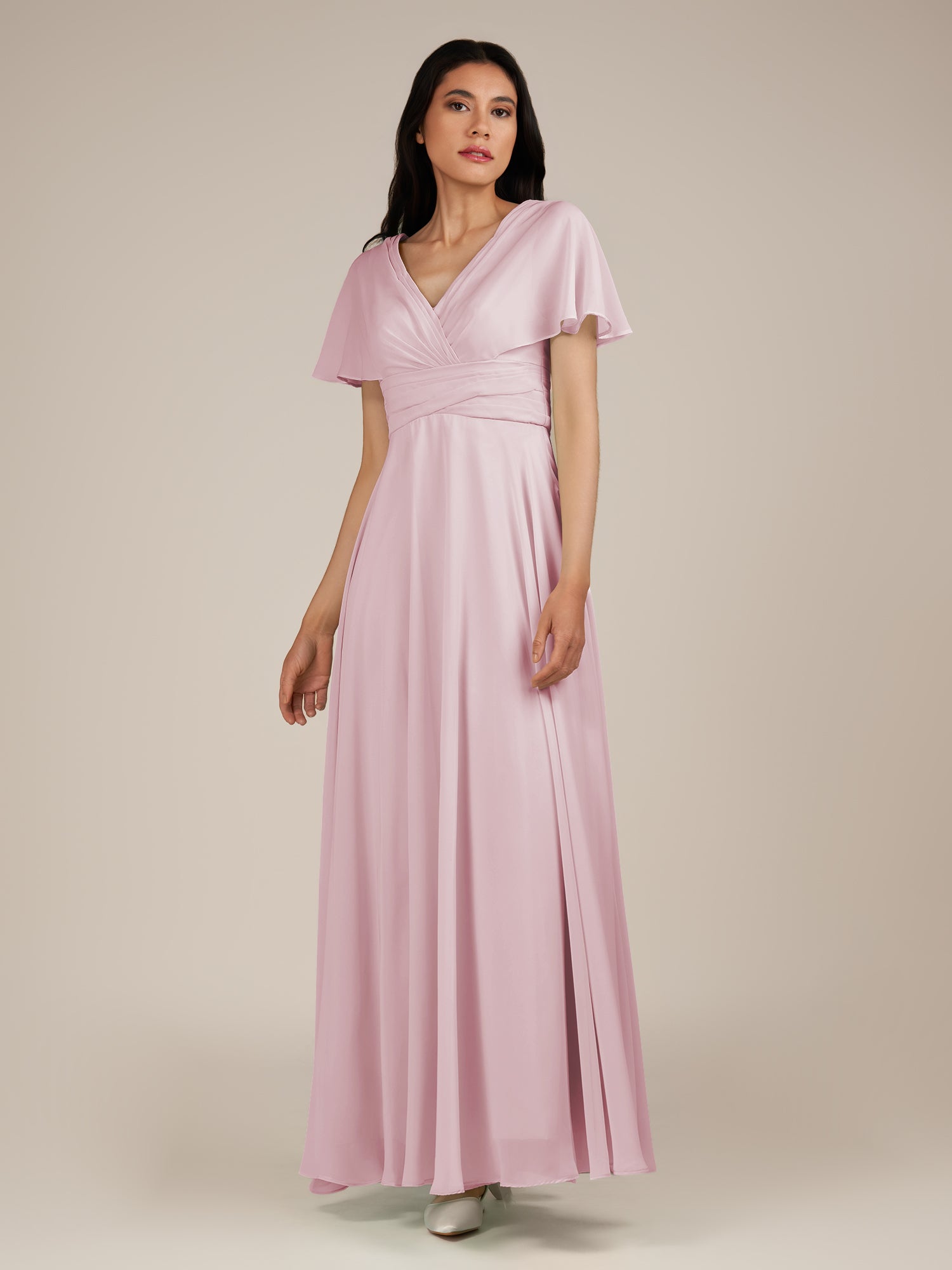 KissDress-Jasper Candy Pink A Line Chiffon Cap Sleeves V Neck Long Bridesmaid Dress with Pleats