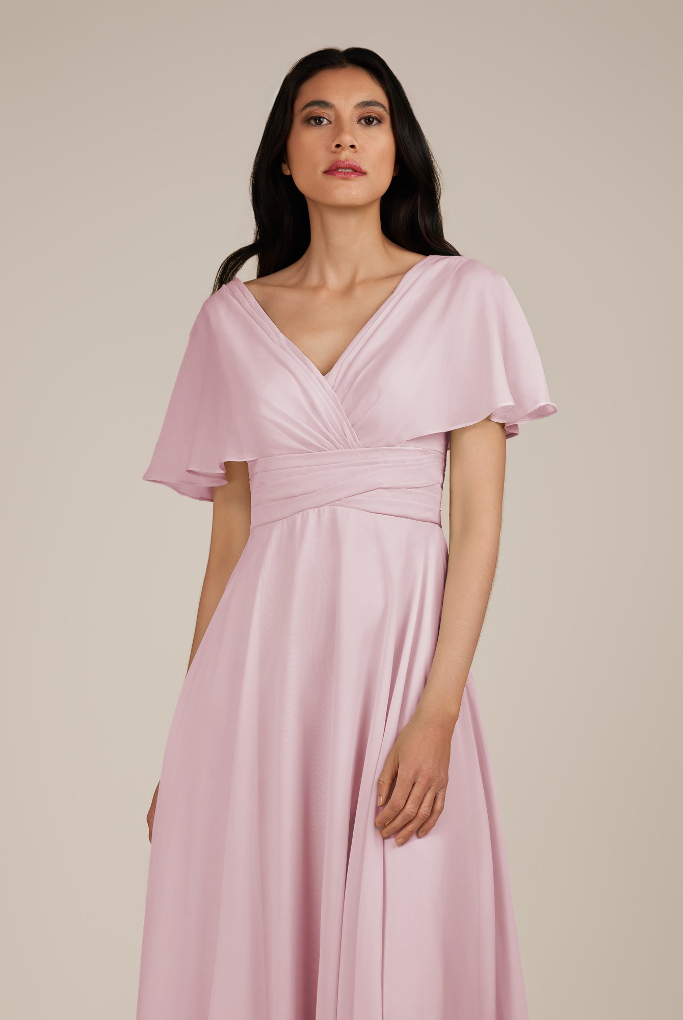 KissDress-Jasper Candy Pink A Line Chiffon Cap Sleeves V Neck Long Bridesmaid Dress with Pleats