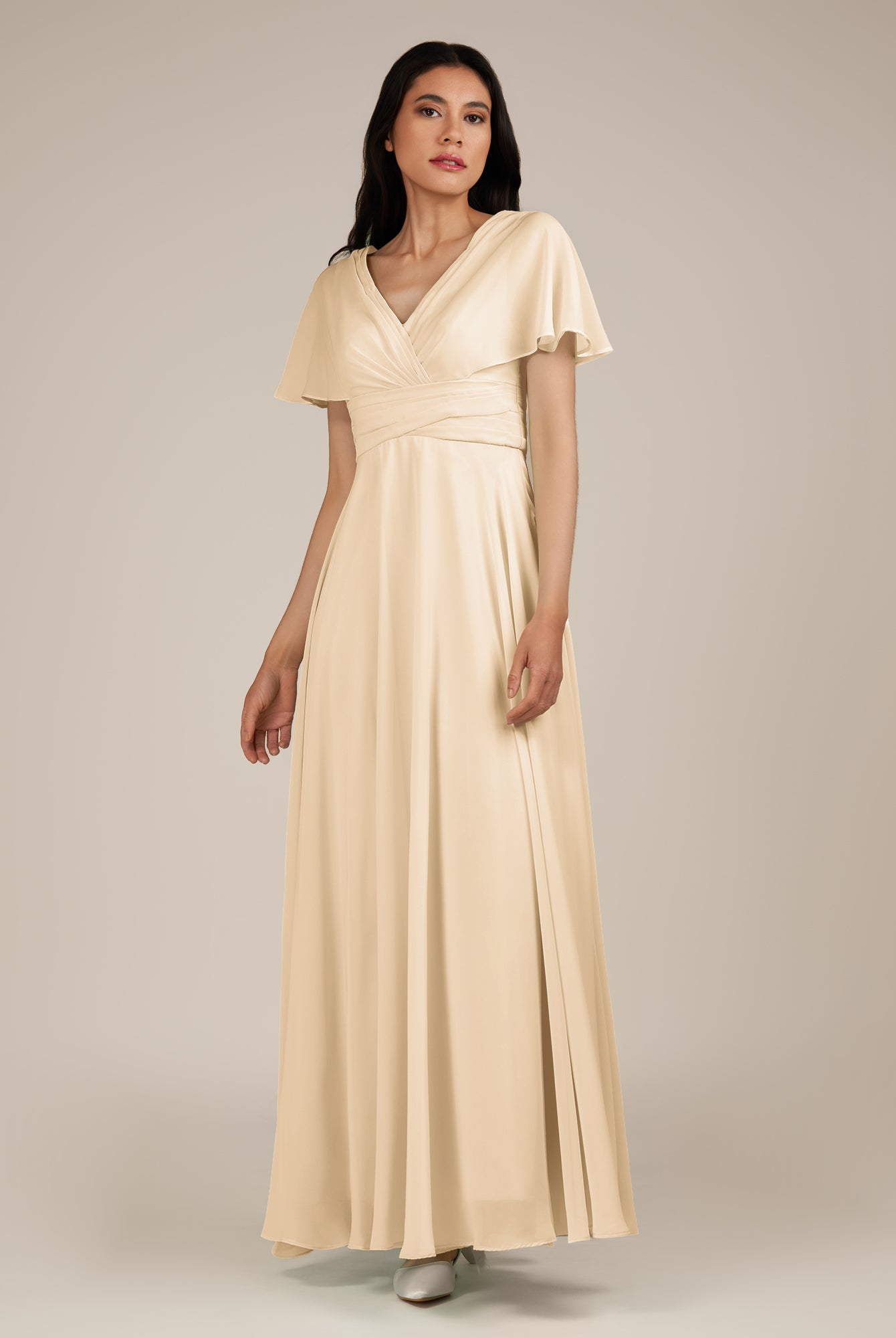 KissDress-Jasper Champagne A Line Chiffon Cap Sleeves V Neck Long Bridesmaid Dress with Pleats