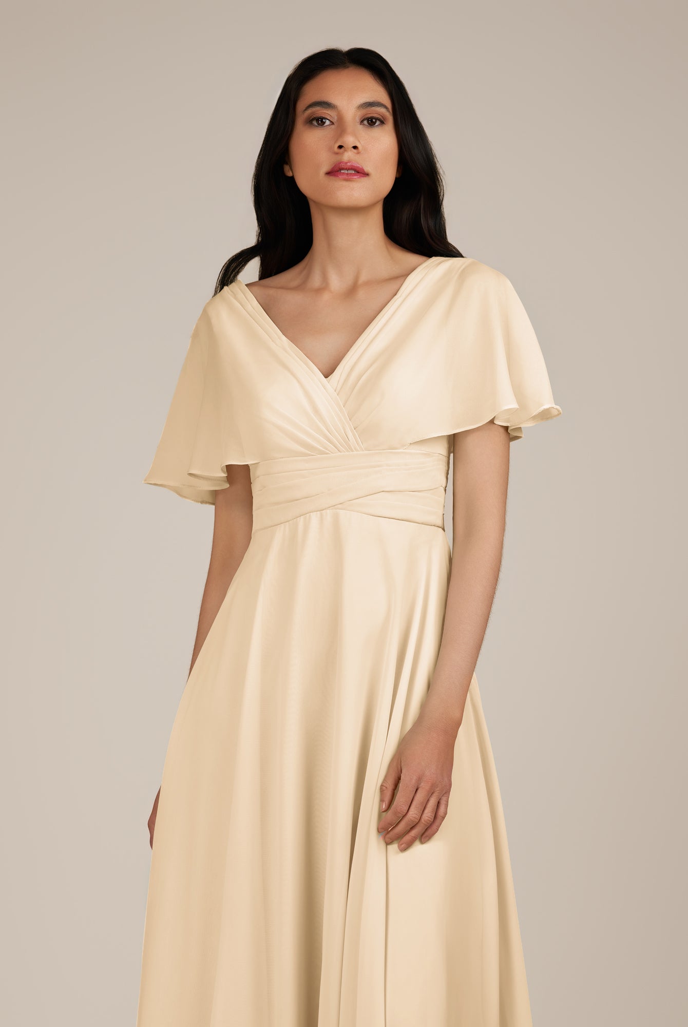 KissDress-Jasper Champagne A Line Chiffon Cap Sleeves V Neck Long Bridesmaid Dress with Pleats