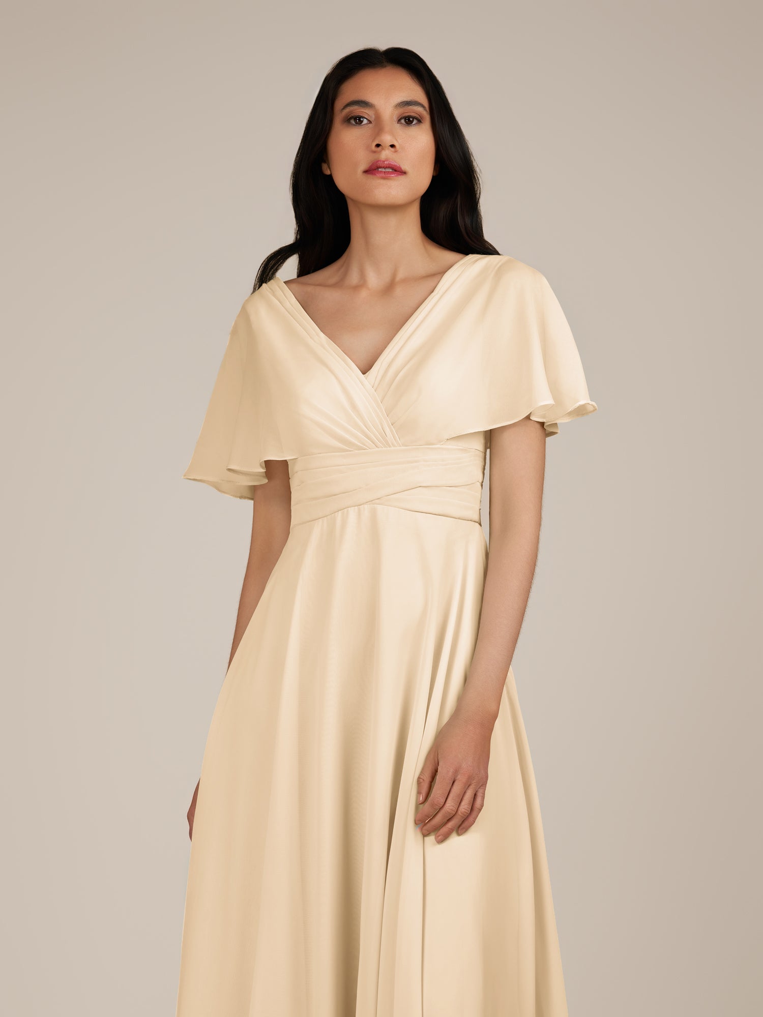 KissDress-Jasper Champagne A Line Chiffon Cap Sleeves V Neck Long Bridesmaid Dress with Pleats