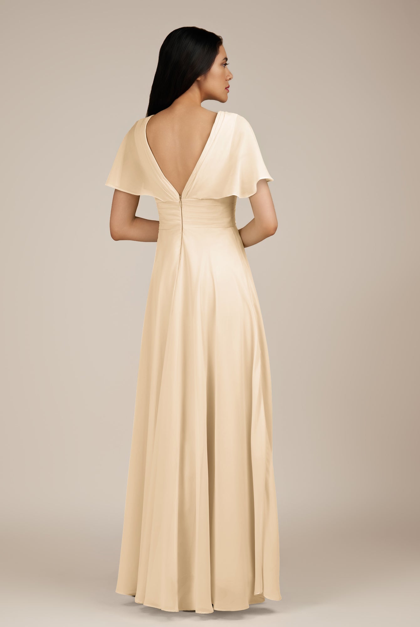 KissDress-Jasper Champagne A Line Chiffon Cap Sleeves V Neck Long Bridesmaid Dress with Pleats