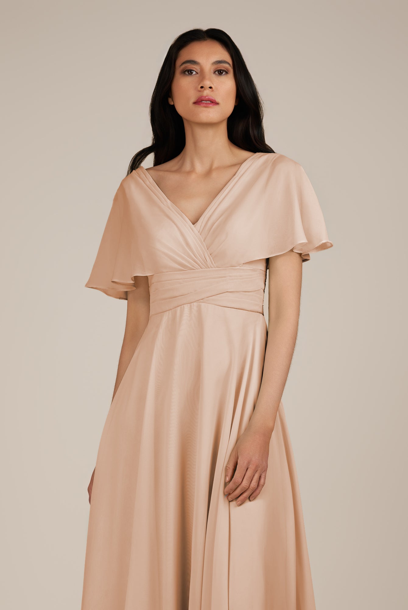 KissDress-Jasper Champagne Rose A Line Chiffon Cap Sleeves V Neck Long Bridesmaid Dress with Pleats