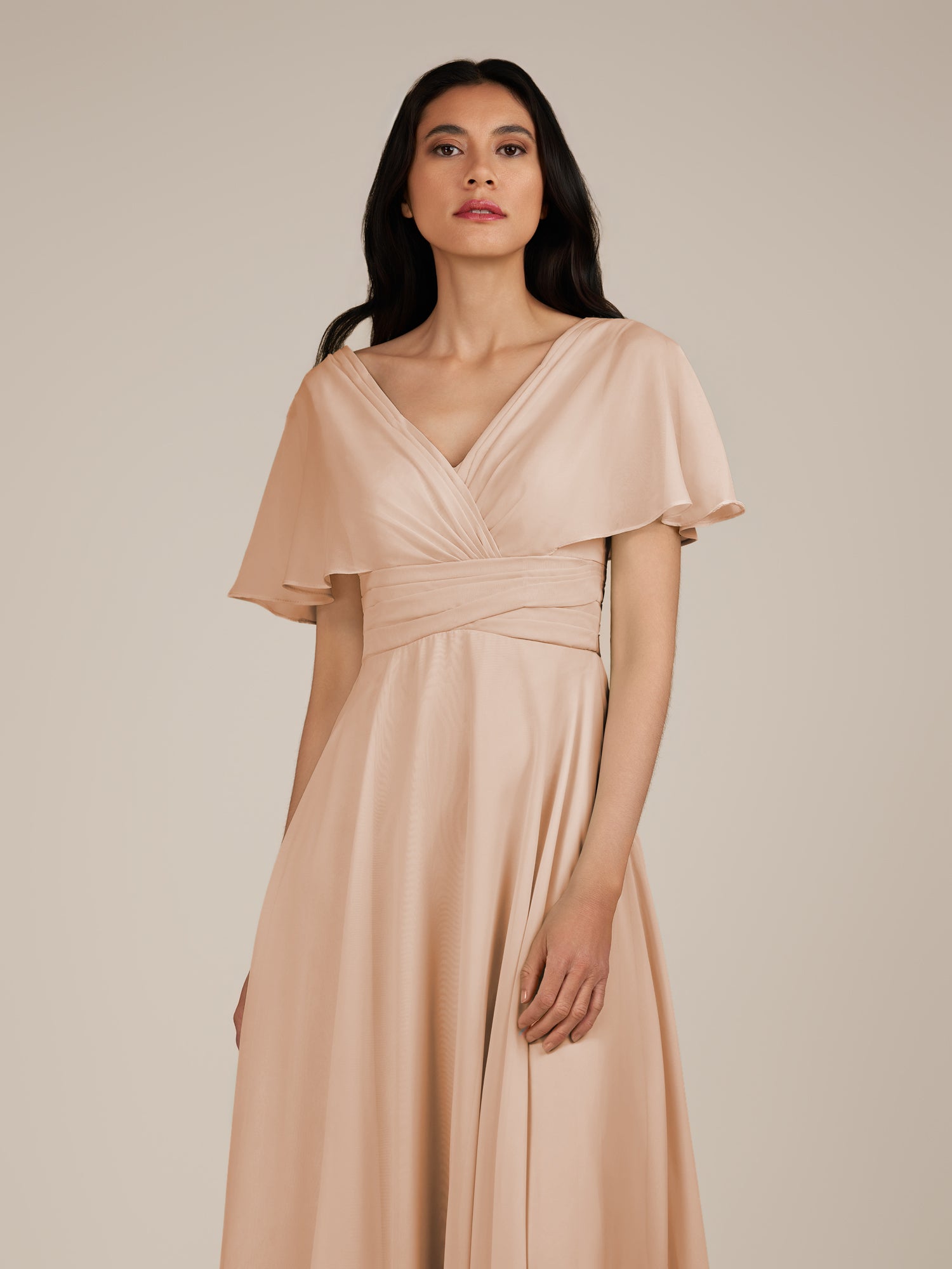 KissDress-Jasper Champagne Rose A Line Chiffon Cap Sleeves V Neck Long Bridesmaid Dress with Pleats