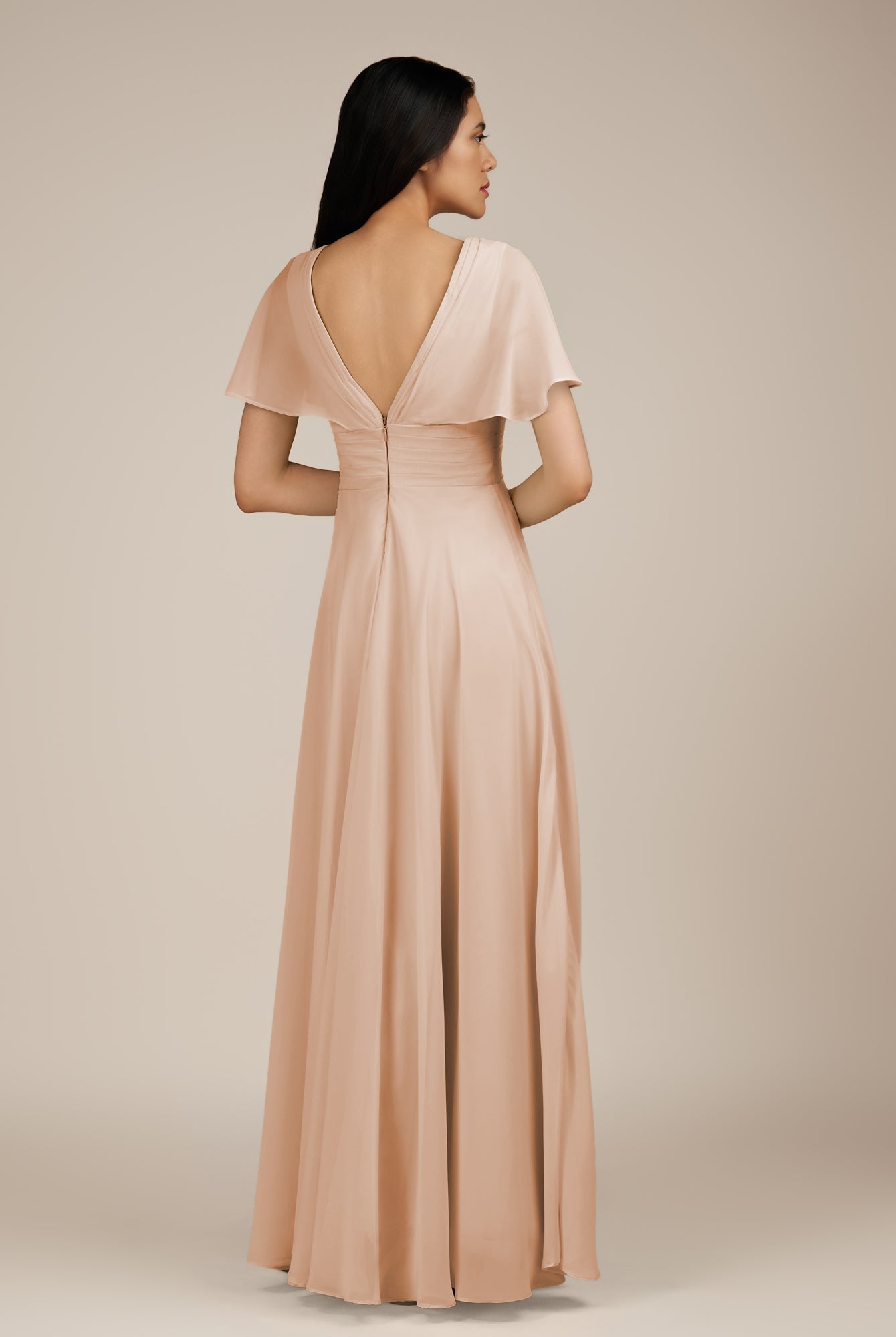 KissDress-Jasper Champagne Rose A Line Chiffon Cap Sleeves V Neck Long Bridesmaid Dress with Pleats