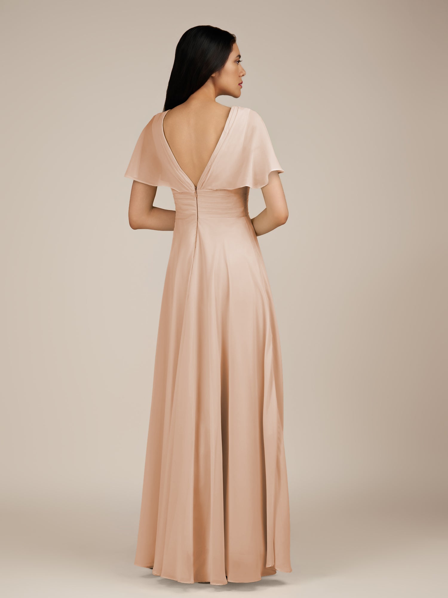 KissDress-Jasper Champagne Rose A Line Chiffon Cap Sleeves V Neck Long Bridesmaid Dress with Pleats