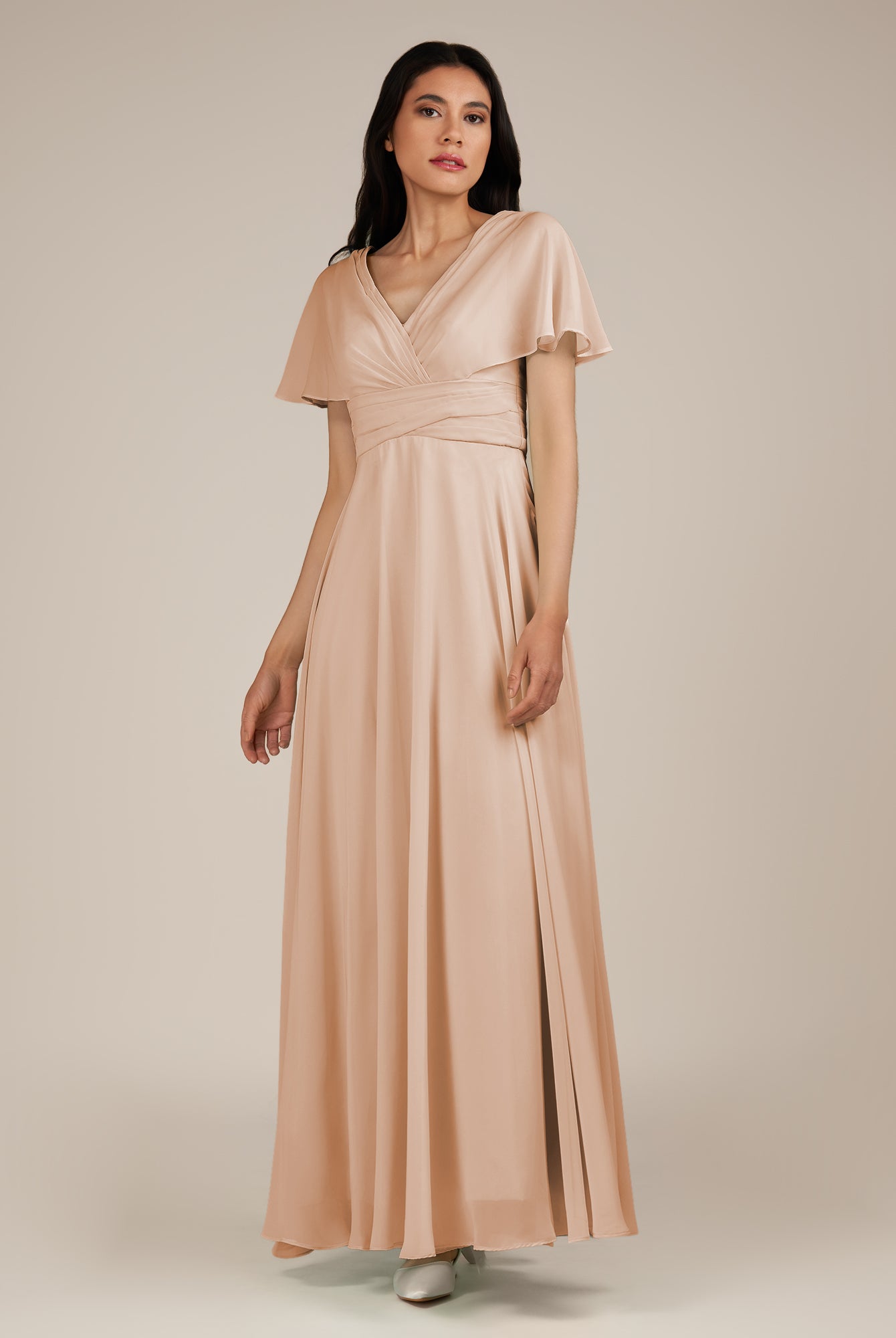 KissDress-Jasper Champagne Rose A Line Chiffon Cap Sleeves V Neck Long Bridesmaid Dress with Pleats