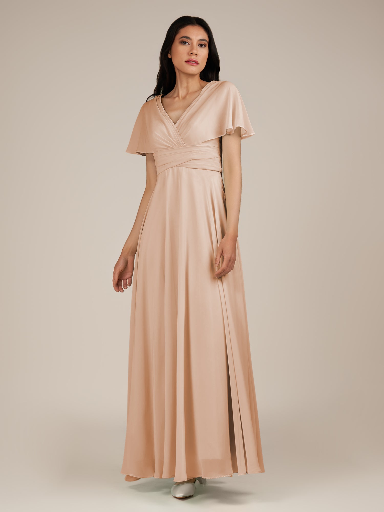 KissDress-Jasper Champagne Rose A Line Chiffon Cap Sleeves V Neck Long Bridesmaid Dress with Pleats