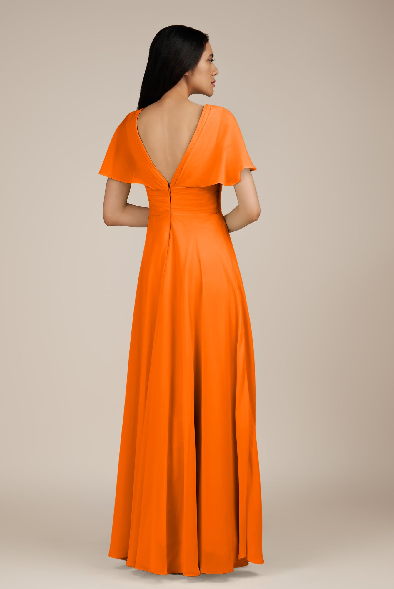 KissDress-Jasper Cinnamon A Line Chiffon Cap Sleeves V Neck Long Bridesmaid Dress with Pleats