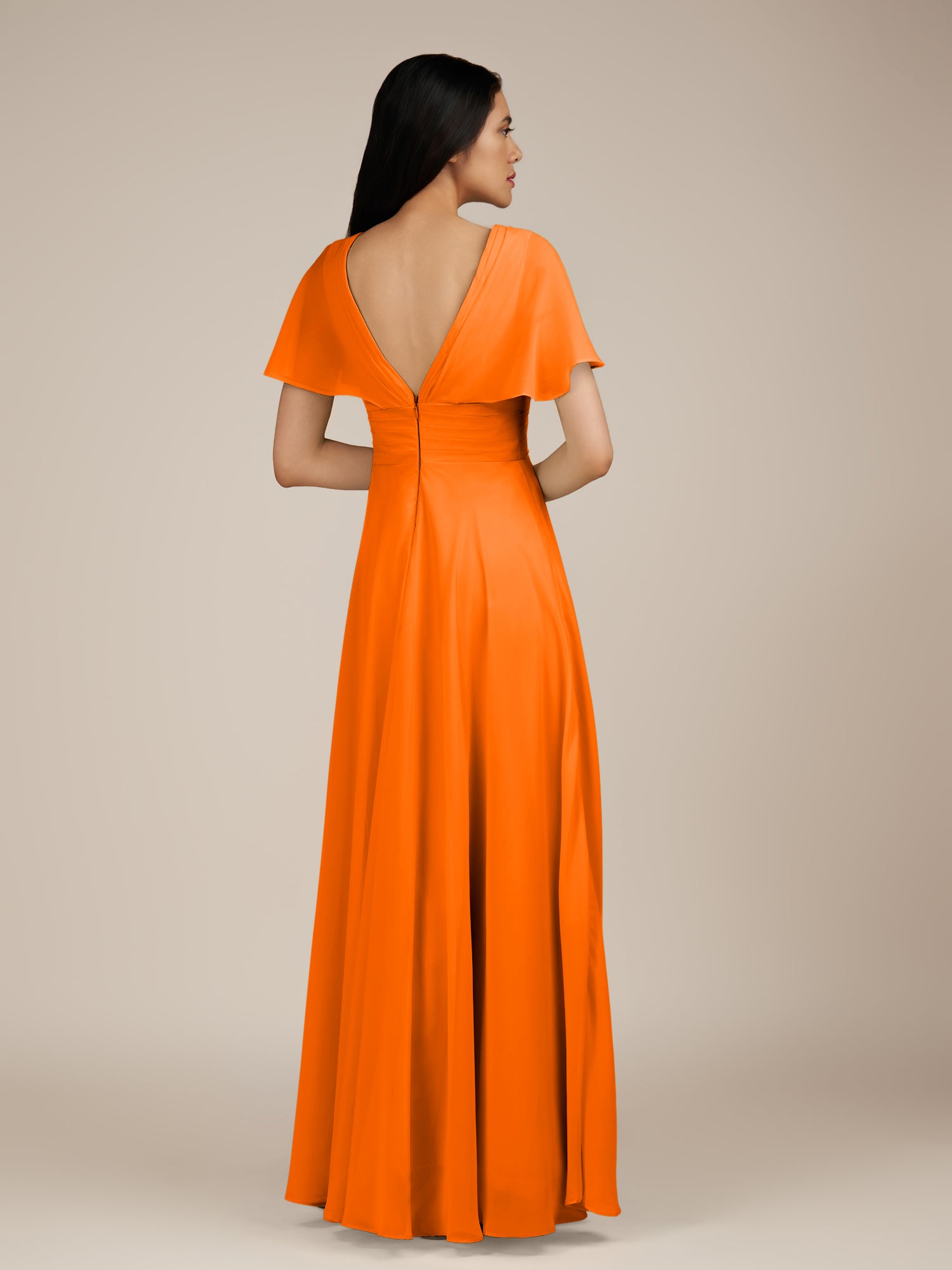 KissDress-Jasper Cinnamon A Line Chiffon Cap Sleeves V Neck Long Bridesmaid Dress with Pleats