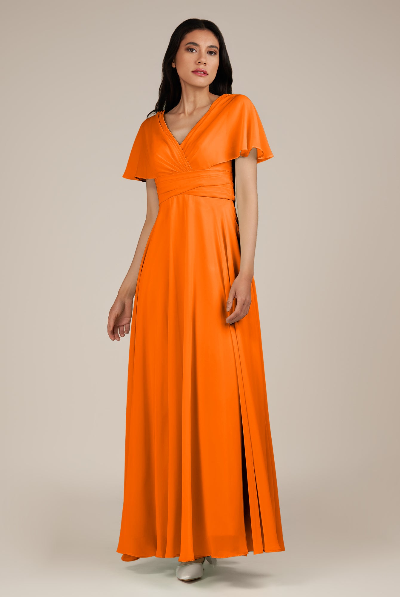 KissDress-Jasper Cinnamon A Line Chiffon Cap Sleeves V Neck Long Bridesmaid Dress with Pleats