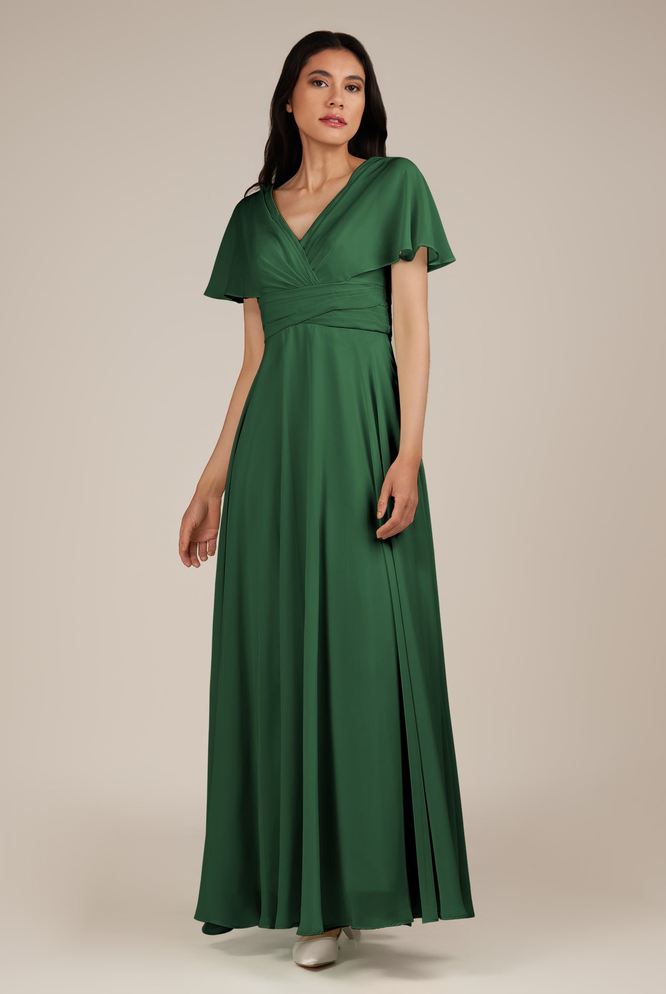 KissDress-Jasper Dark Green A Line Chiffon Cap Sleeves V Neck Long Bridesmaid Dress with Pleats