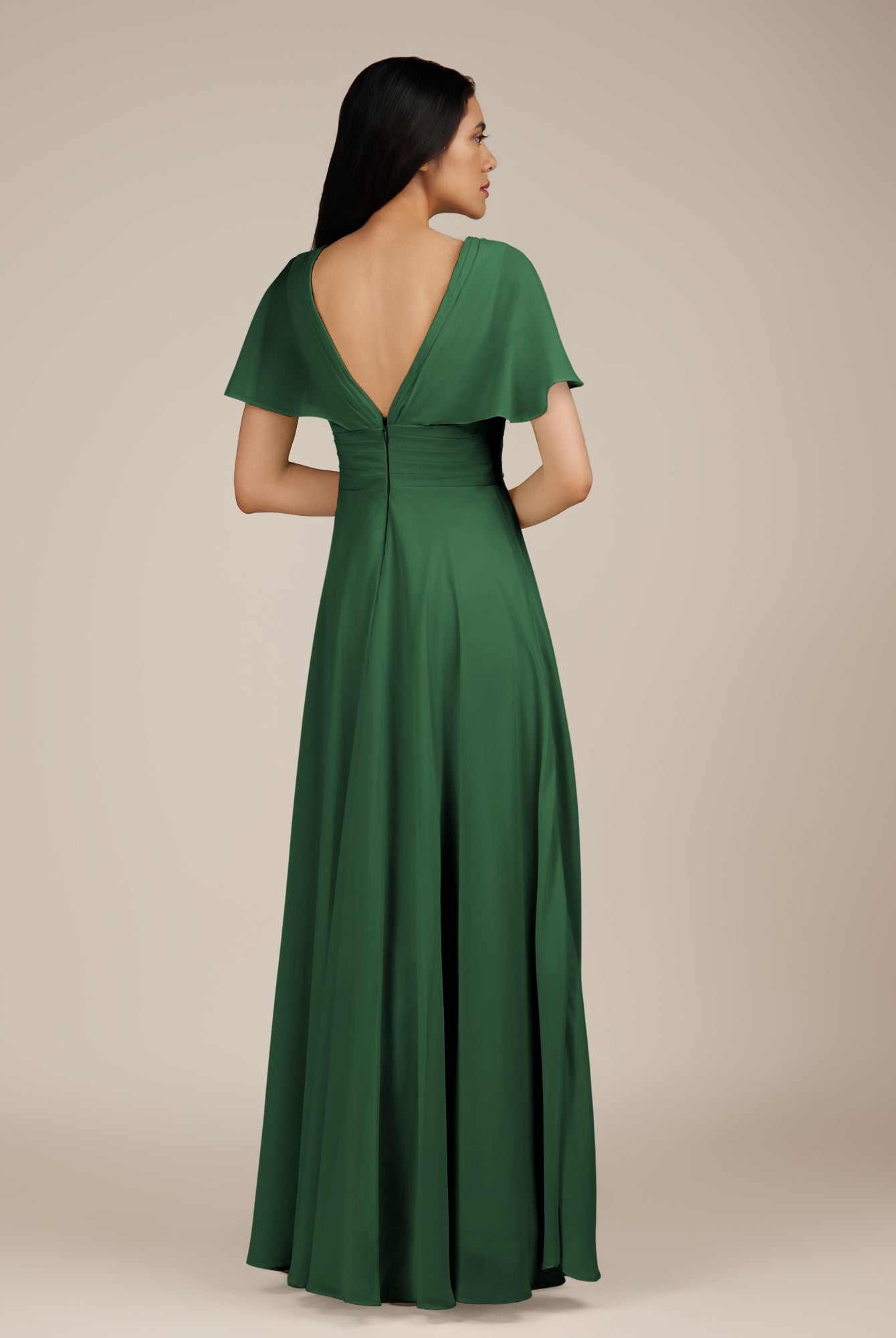KissDress-Jasper Dark Green A Line Chiffon Cap Sleeves V Neck Long Bridesmaid Dress with Pleats