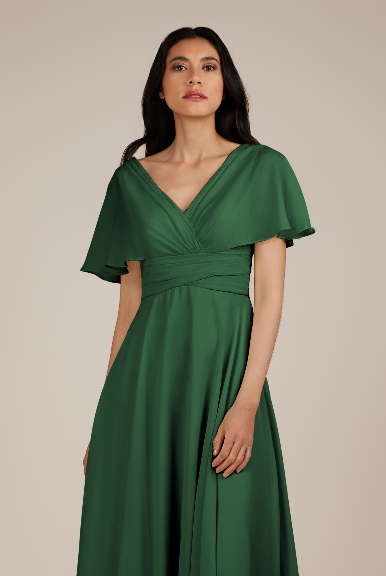 KissDress-Jasper Dark Green A Line Chiffon Cap Sleeves V Neck Long Bridesmaid Dress with Pleats