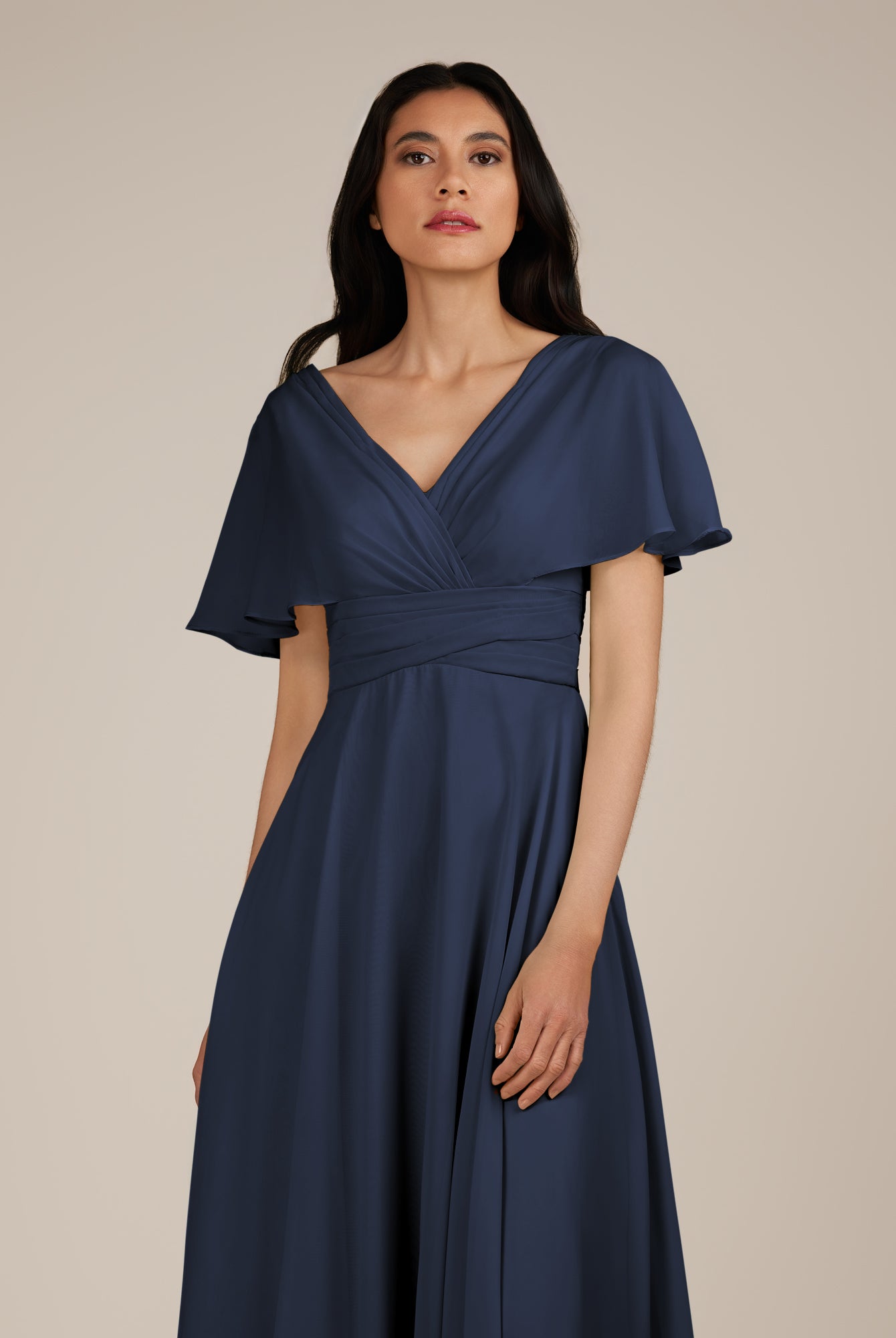 KissDress-Jasper Dark Navy A Line Chiffon Cap Sleeves V Neck Long Bridesmaid Dress with Pleats