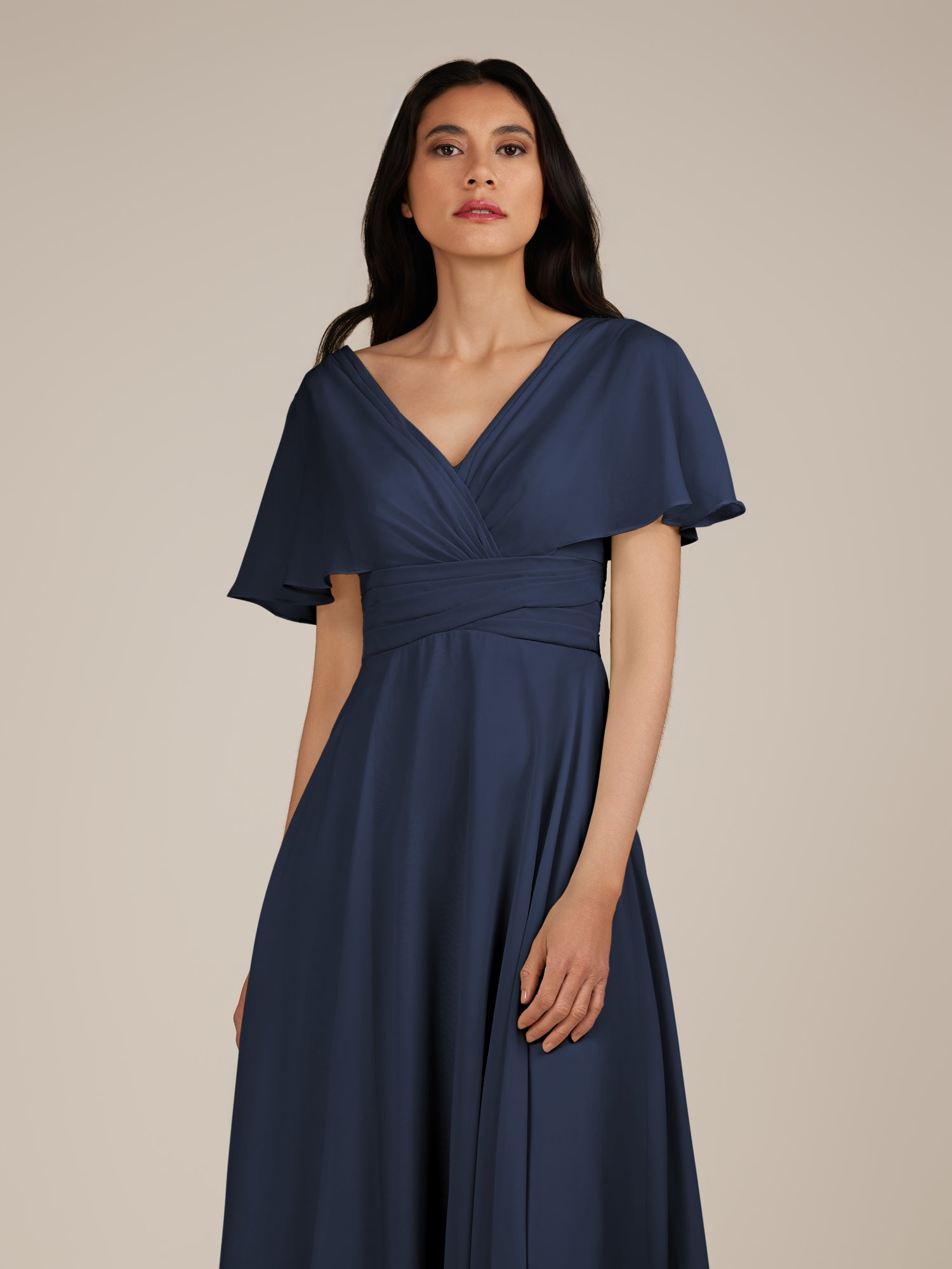 KissDress-Jasper Dark Navy A Line Chiffon Cap Sleeves V Neck Long Bridesmaid Dress with Pleats