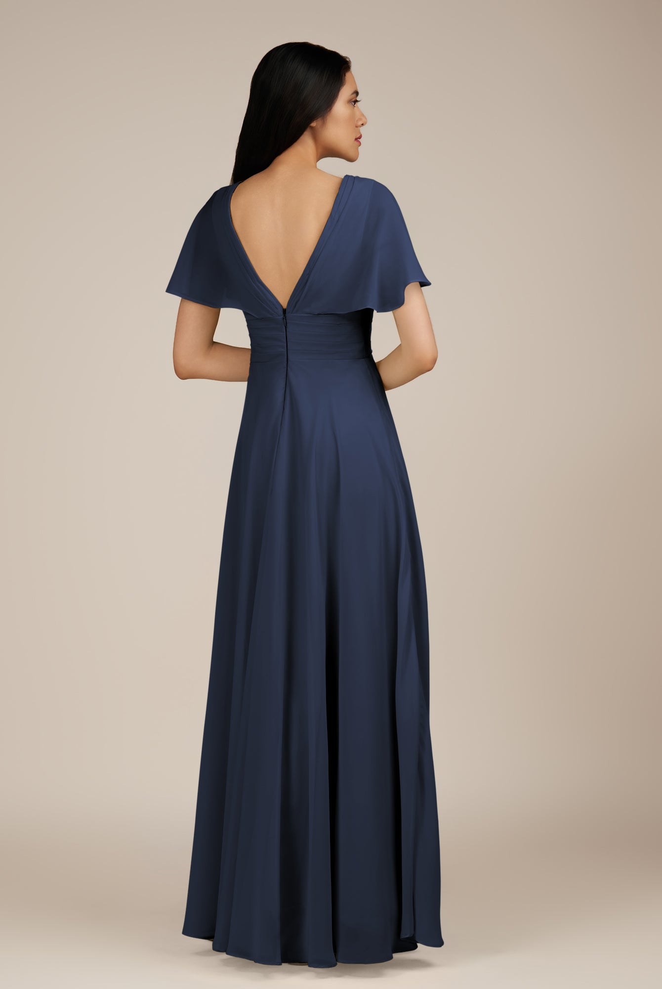 KissDress-Jasper Dark Navy A Line Chiffon Cap Sleeves V Neck Long Bridesmaid Dress with Pleats