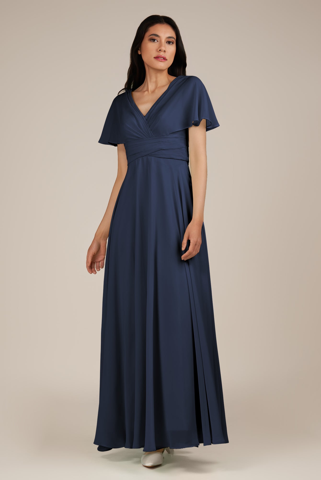 KissDress-Jasper Dark Navy A Line Chiffon Cap Sleeves V Neck Long Bridesmaid Dress with Pleats