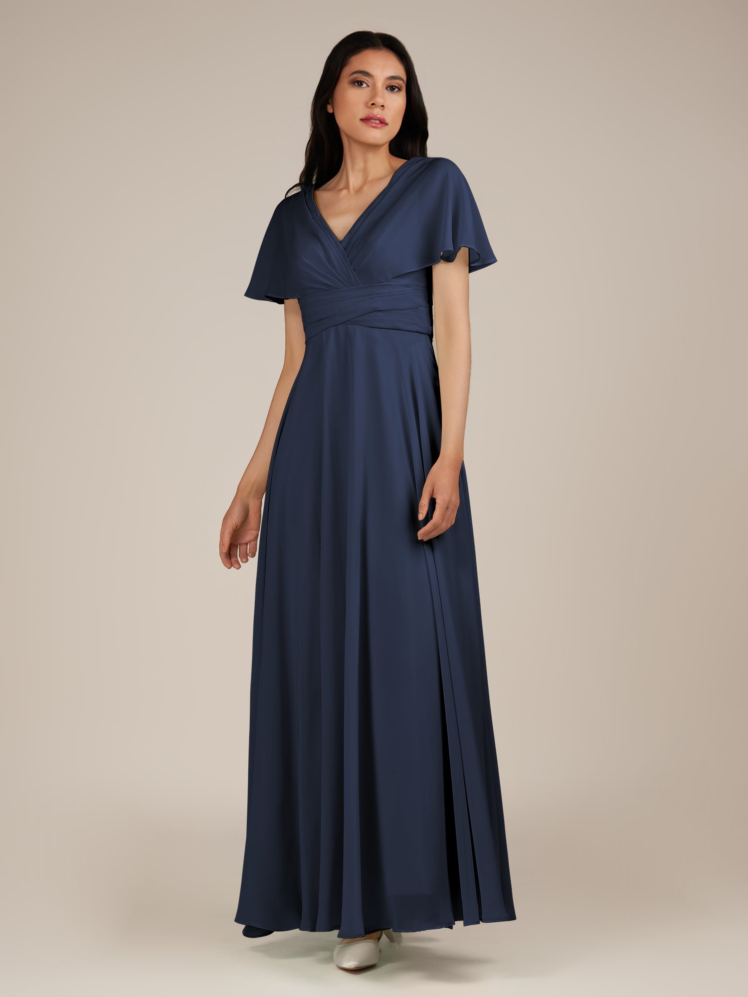 KissDress-Jasper Dark Navy A Line Chiffon Cap Sleeves V Neck Long Bridesmaid Dress with Pleats