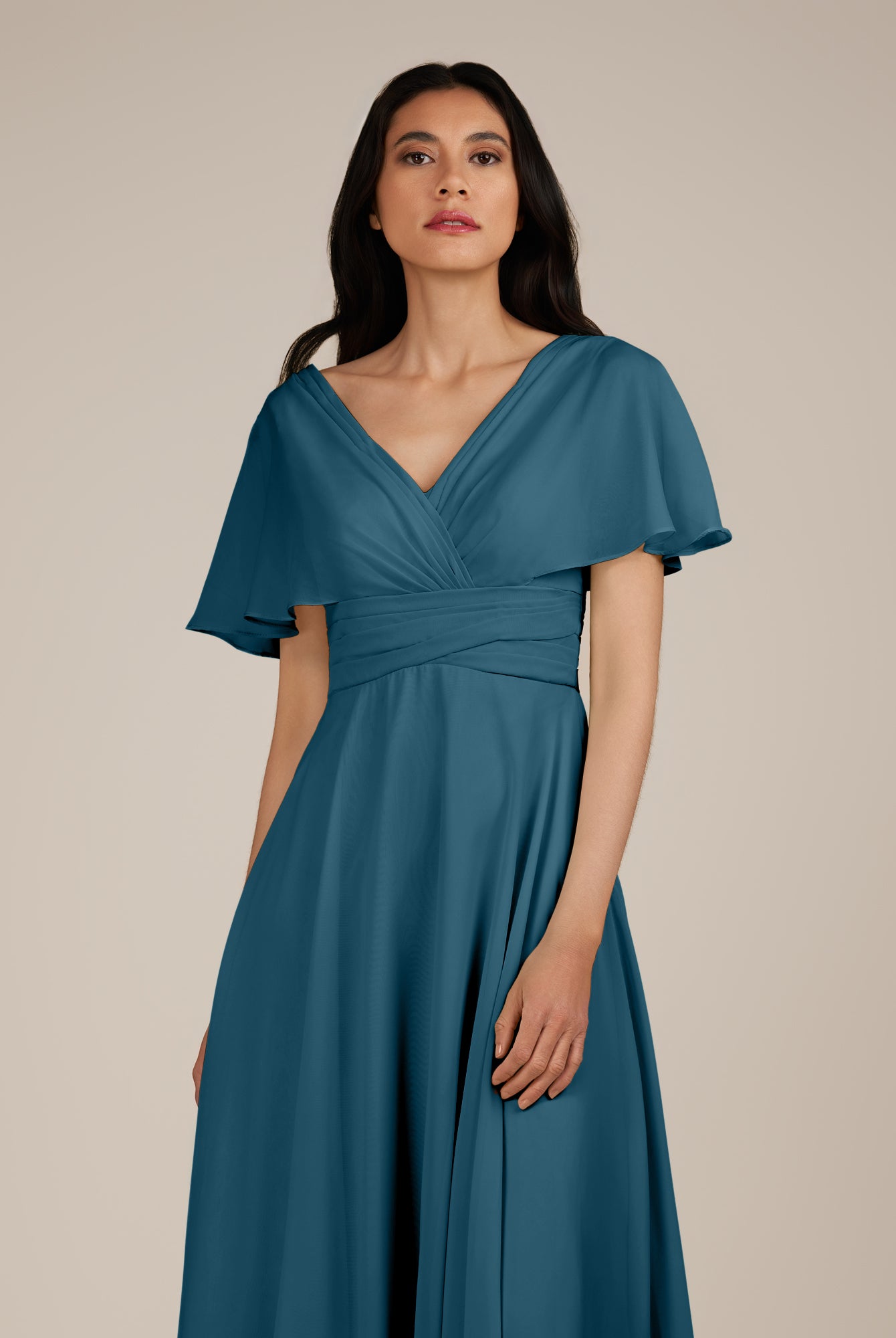 KissDress-Jasper Dark Teal A Line Chiffon Cap Sleeves V Neck Long Bridesmaid Dress with Pleats
