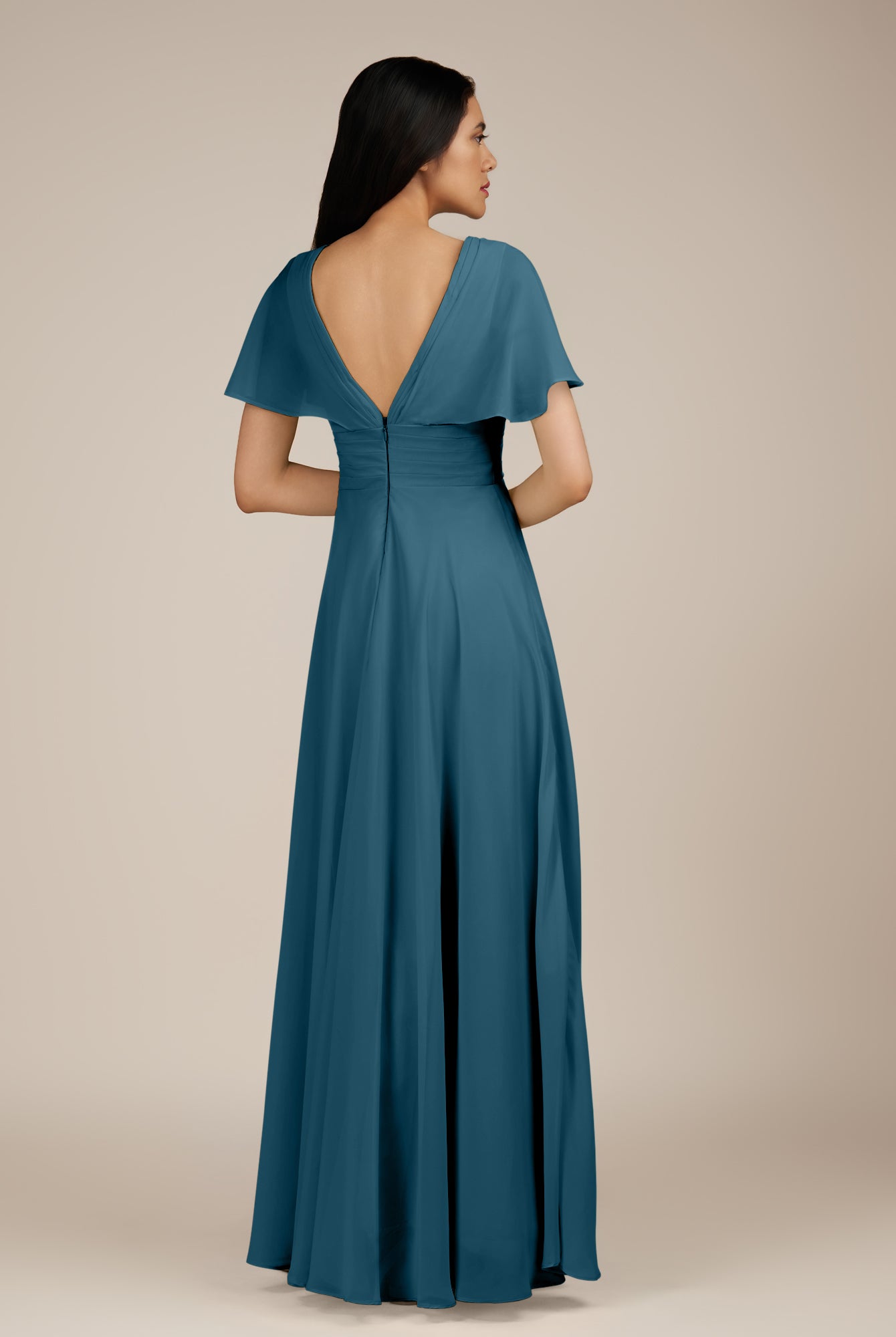 KissDress-Jasper Dark Teal A Line Chiffon Cap Sleeves V Neck Long Bridesmaid Dress with Pleats