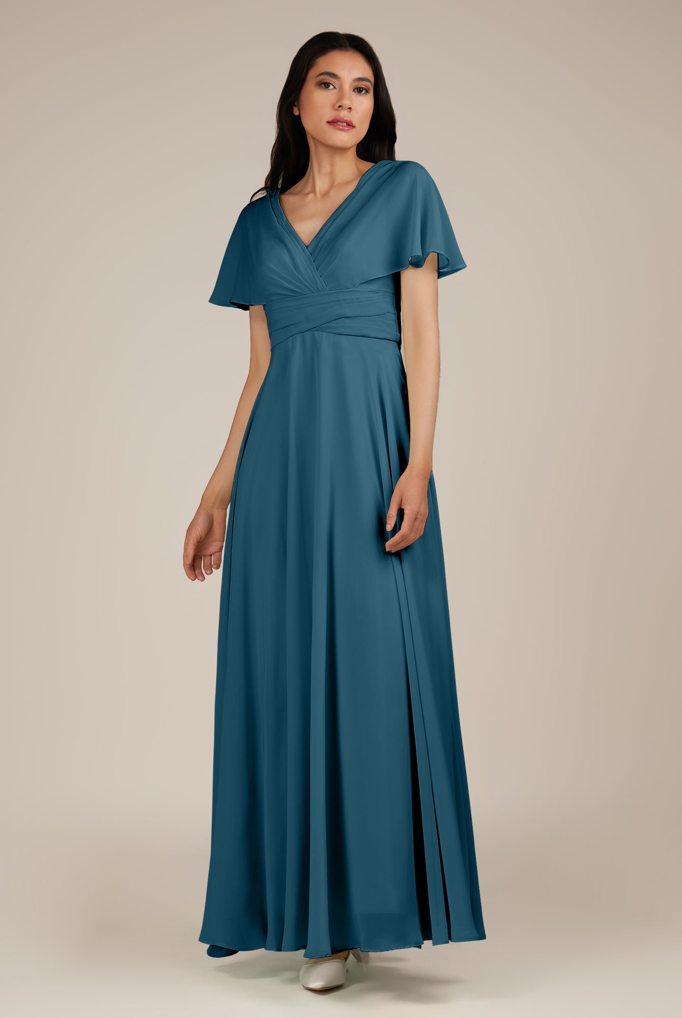 KissDress-Jasper Dark Teal A Line Chiffon Cap Sleeves V Neck Long Bridesmaid Dress with Pleats