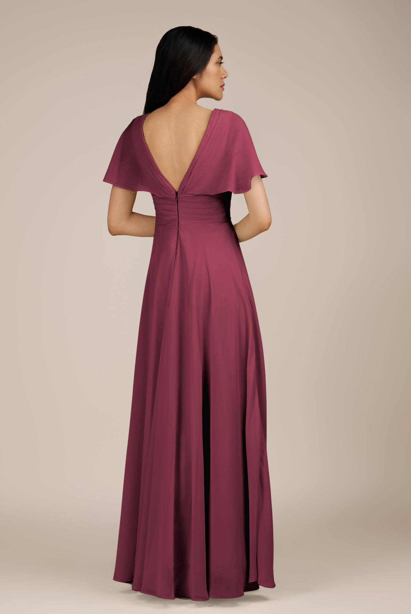 KissDress-Jasper Desert Rose A Line Chiffon Cap Sleeves V Neck Long Bridesmaid Dress with Pleats