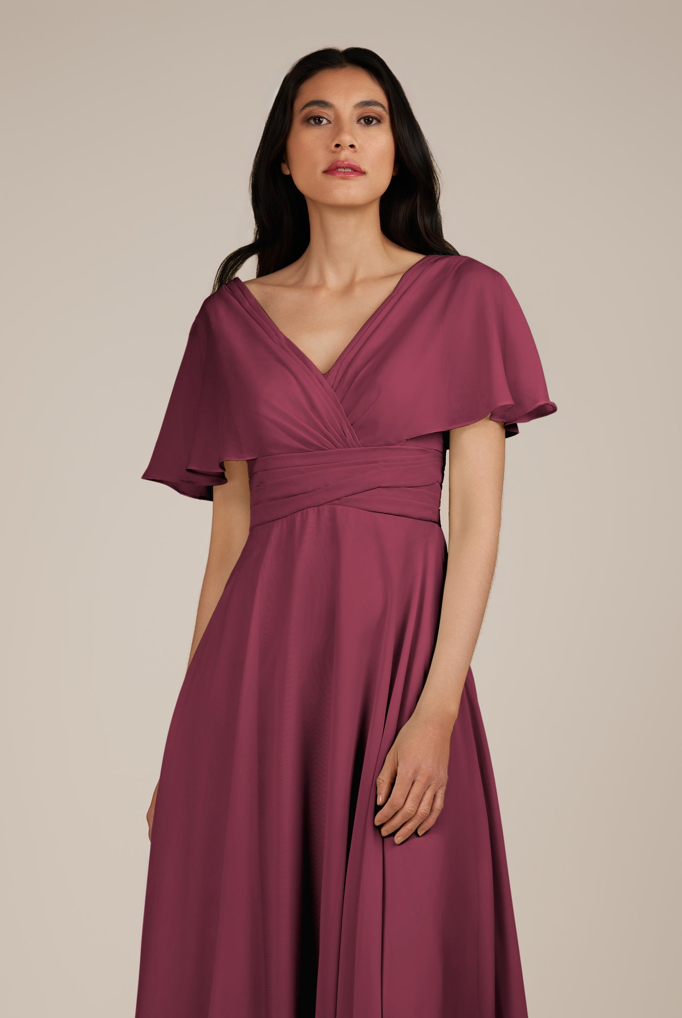 KissDress-Jasper Desert Rose A Line Chiffon Cap Sleeves V Neck Long Bridesmaid Dress with Pleats