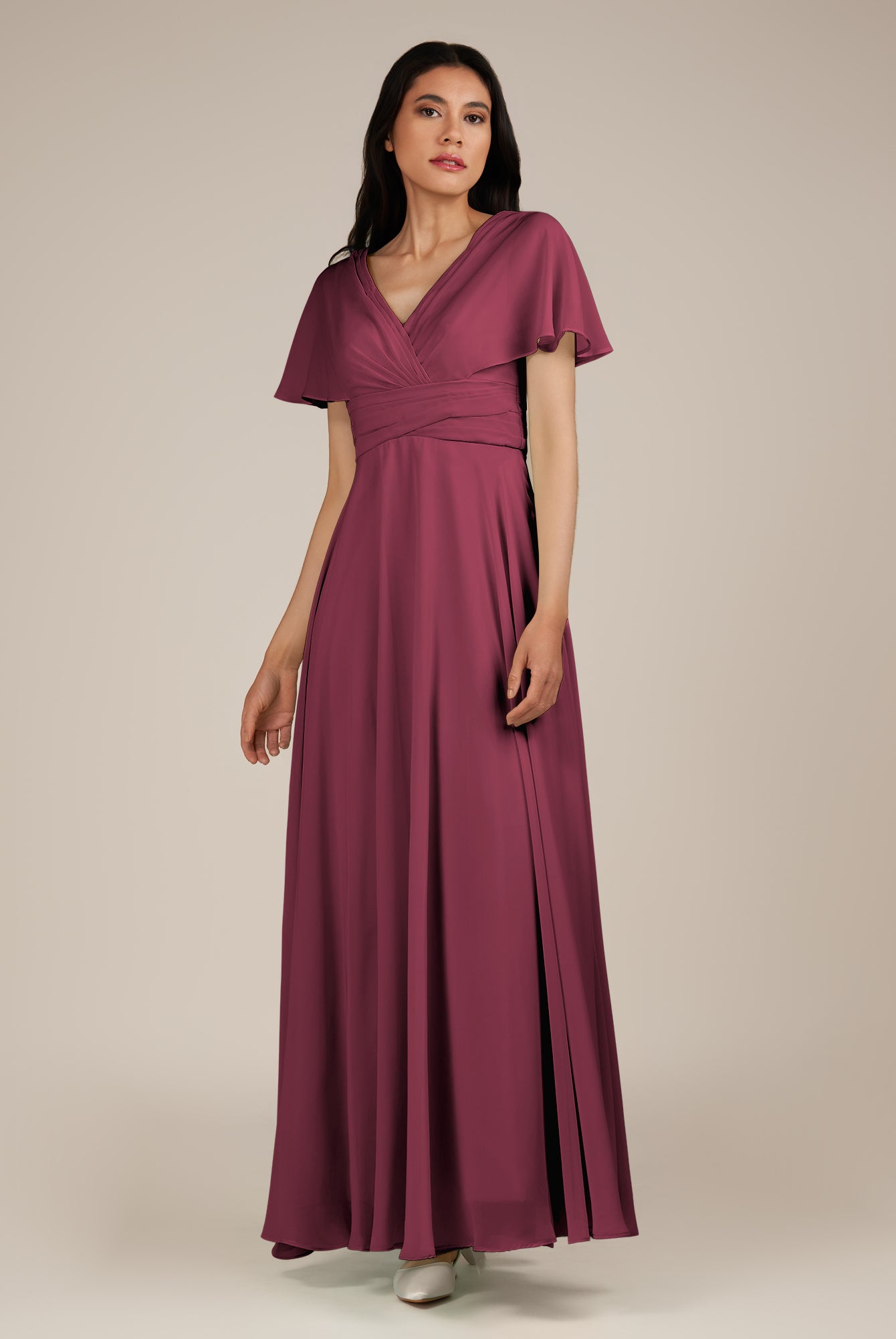 KissDress-Jasper Desert Rose A Line Chiffon Cap Sleeves V Neck Long Bridesmaid Dress with Pleats