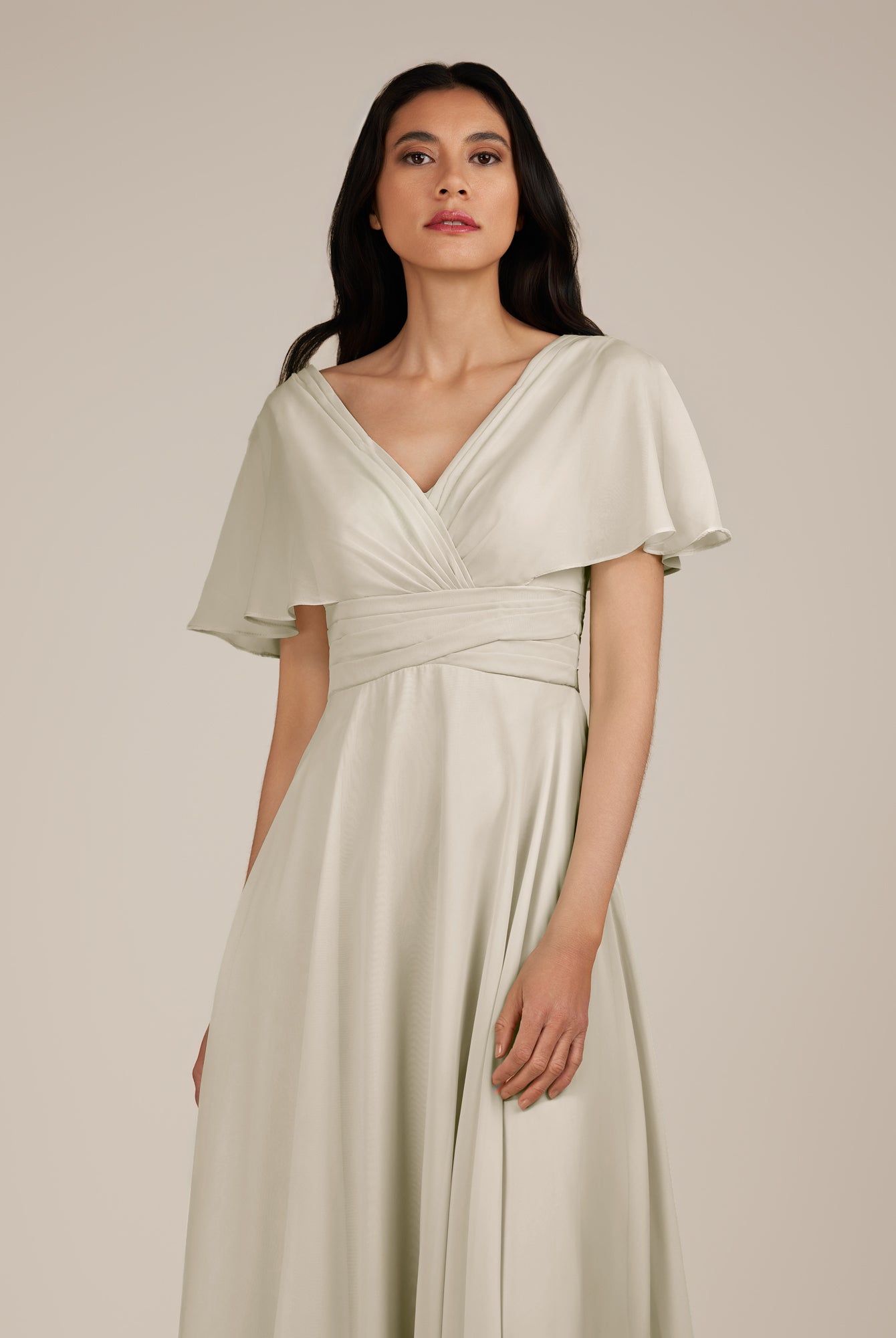 KissDress-Jasper Dove Gray A Line Chiffon Cap Sleeves V Neck Long Bridesmaid Dress with Pleats