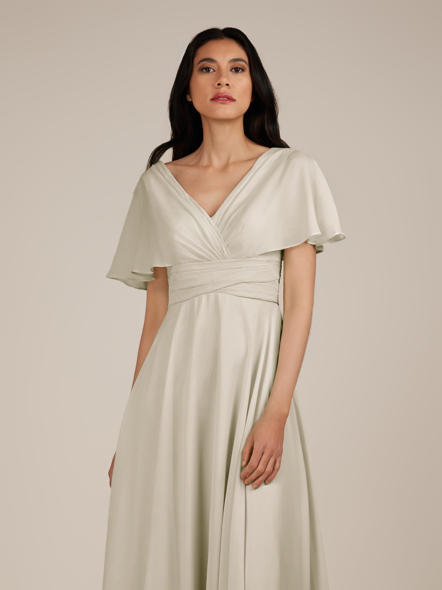 KissDress-Jasper Dove Gray A Line Chiffon Cap Sleeves V Neck Long Bridesmaid Dress with Pleats