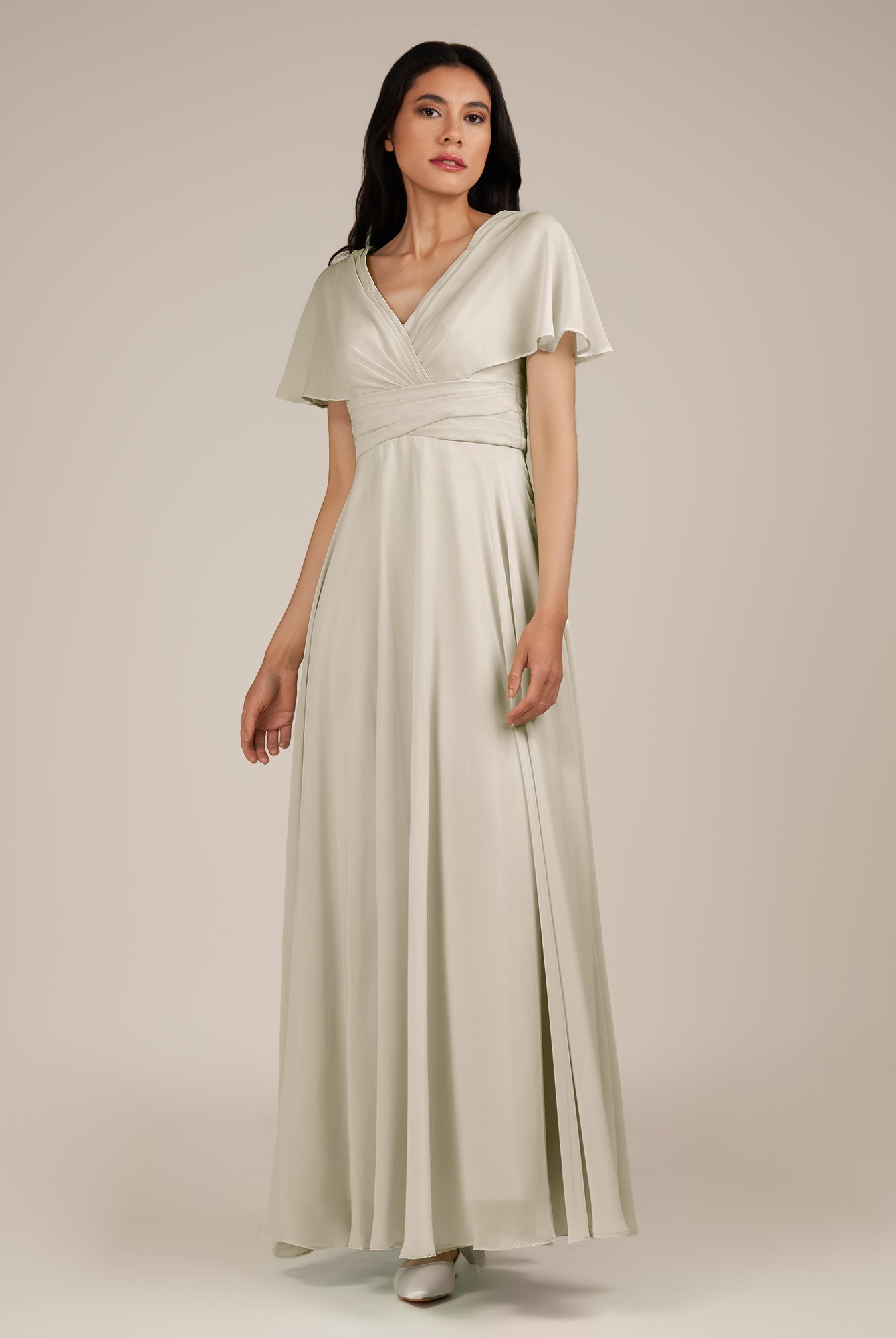 KissDress-Jasper Dove Gray A Line Chiffon Cap Sleeves V Neck Long Bridesmaid Dress with Pleats