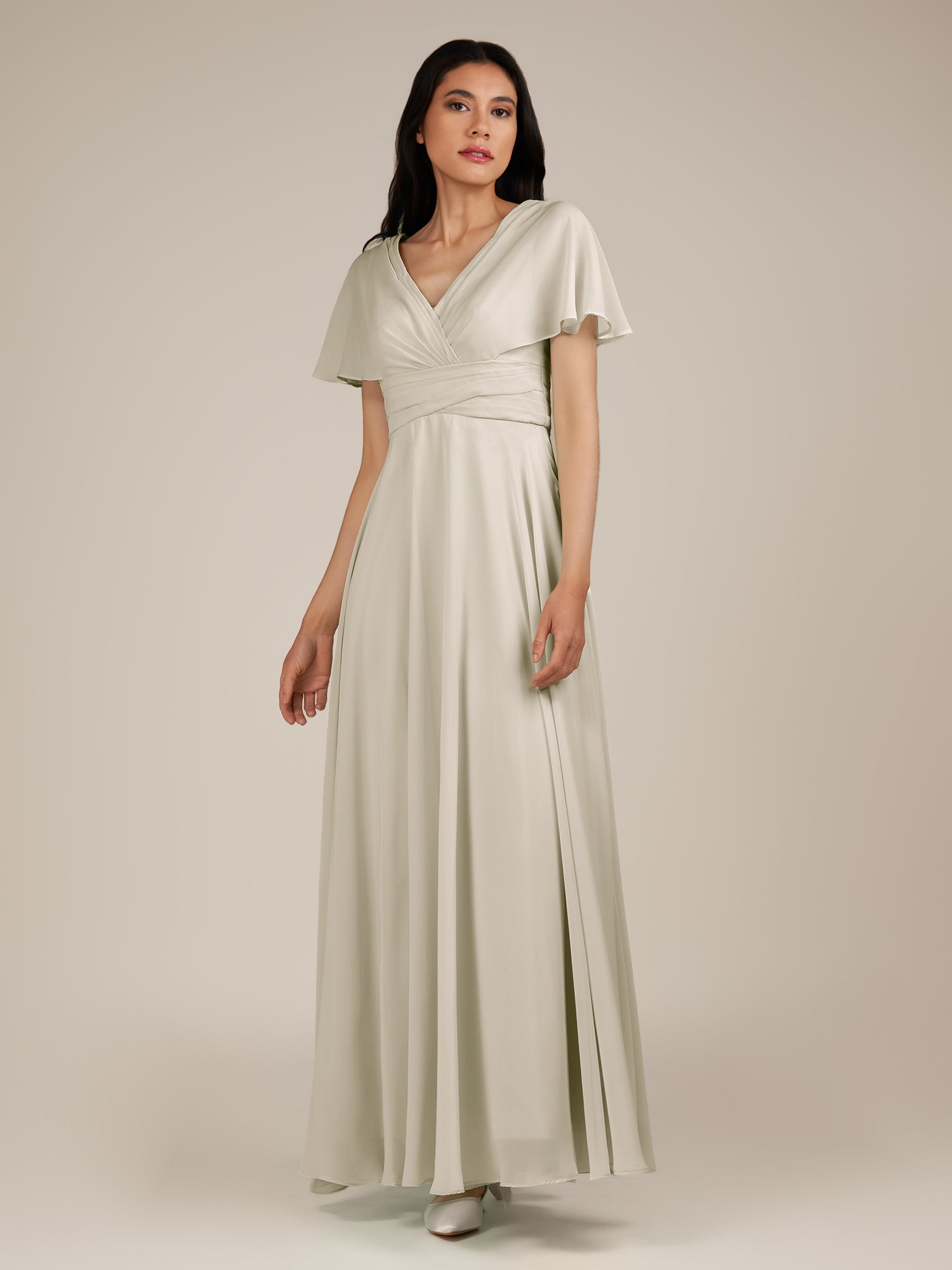 KissDress-Jasper Dove Gray A Line Chiffon Cap Sleeves V Neck Long Bridesmaid Dress with Pleats