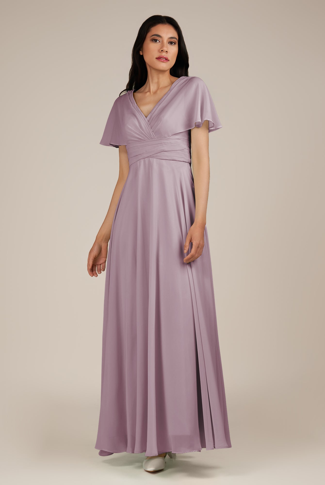 KissDress-Jasper Dusk A Line Chiffon Cap Sleeves V Neck Long Bridesmaid Dress with Pleats