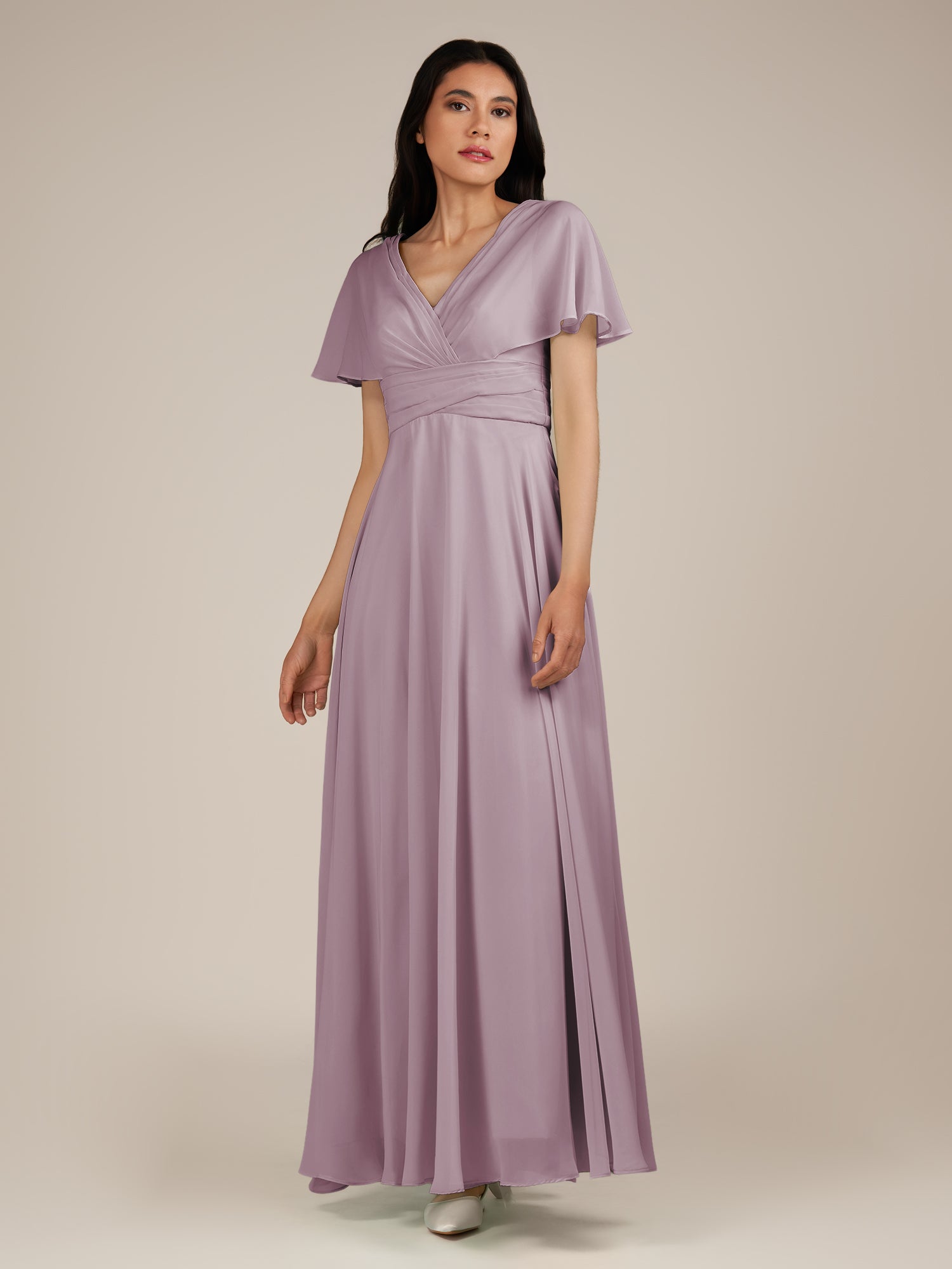 KissDress-Jasper Dusk A Line Chiffon Cap Sleeves V Neck Long Bridesmaid Dress with Pleats