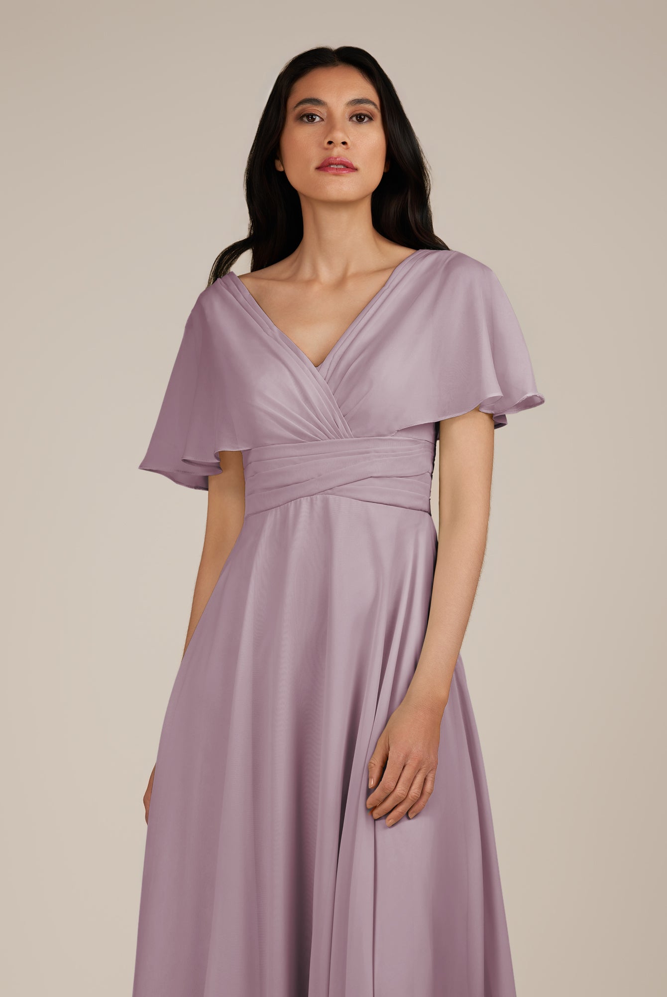 KissDress-Jasper Dusk A Line Chiffon Cap Sleeves V Neck Long Bridesmaid Dress with Pleats