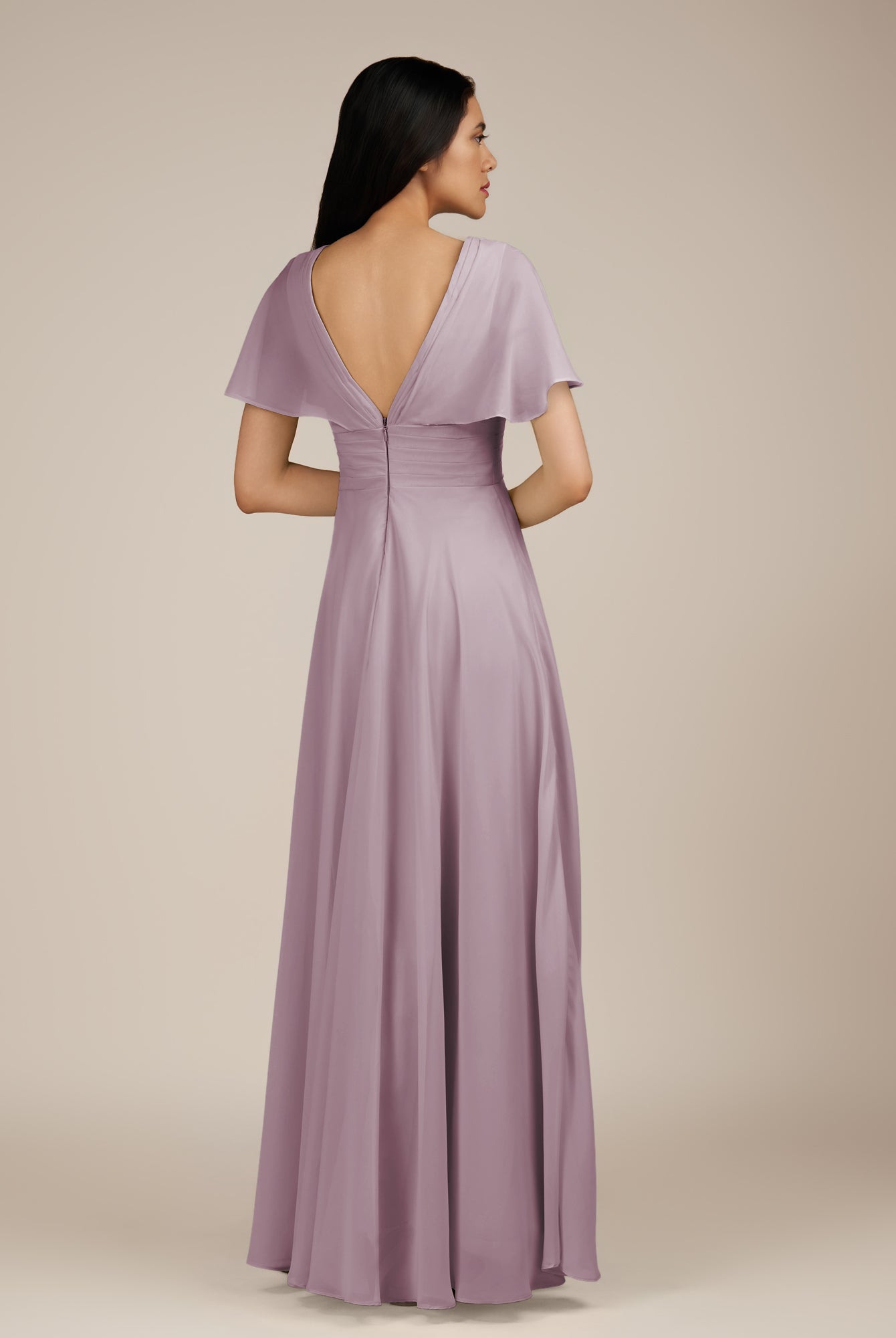 KissDress-Jasper Dusk A Line Chiffon Cap Sleeves V Neck Long Bridesmaid Dress with Pleats