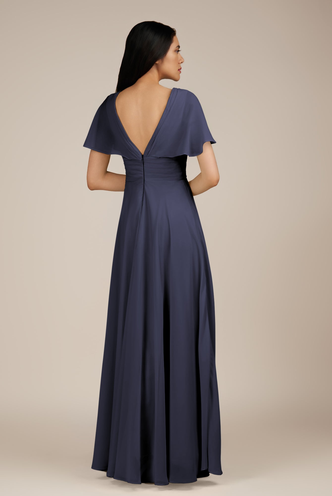 KissDress-Jasper Dusk Blue A Line Chiffon Cap Sleeves V Neck Long Bridesmaid Dress with Pleats