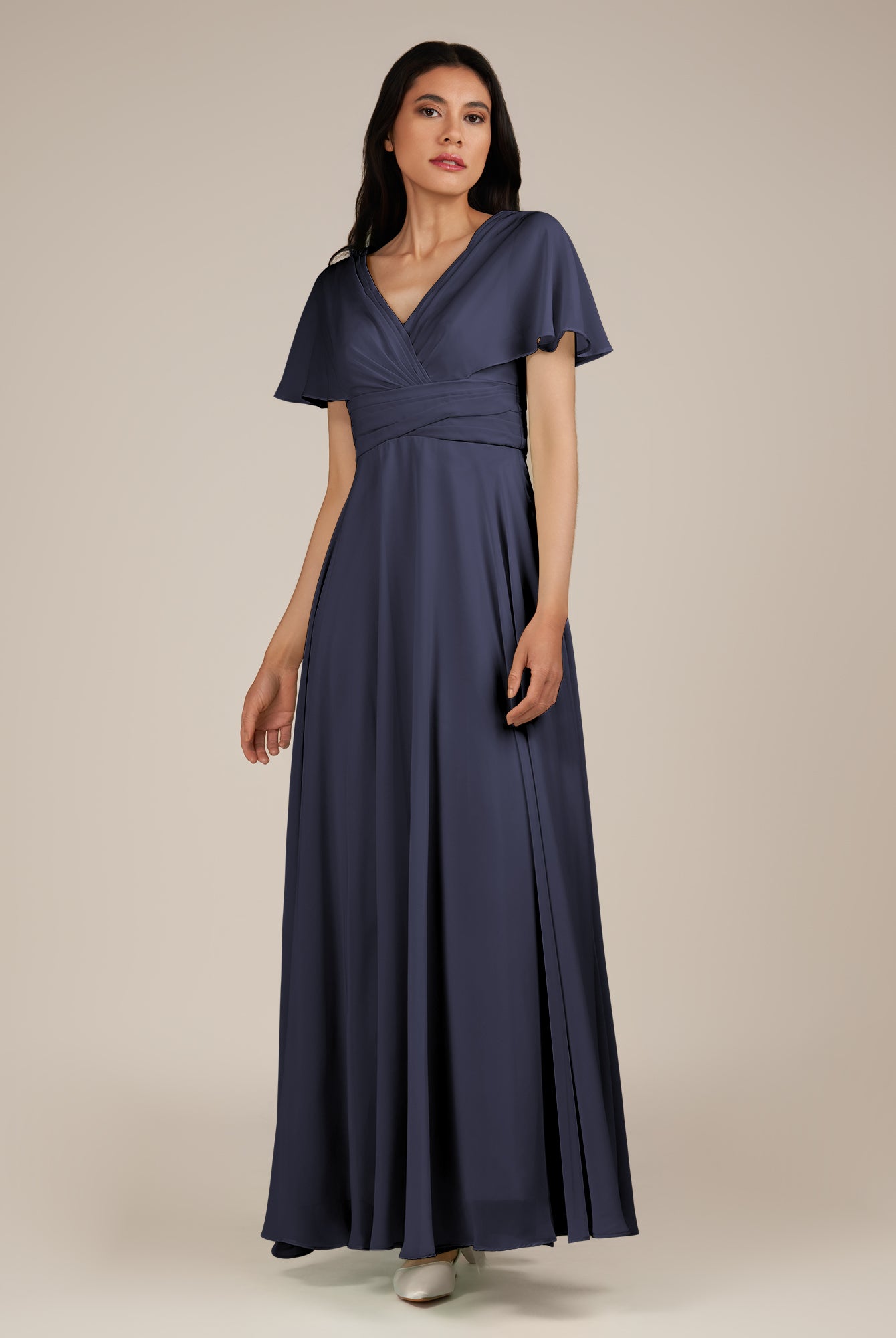KissDress-Jasper Dusk Blue A Line Chiffon Cap Sleeves V Neck Long Bridesmaid Dress with Pleats