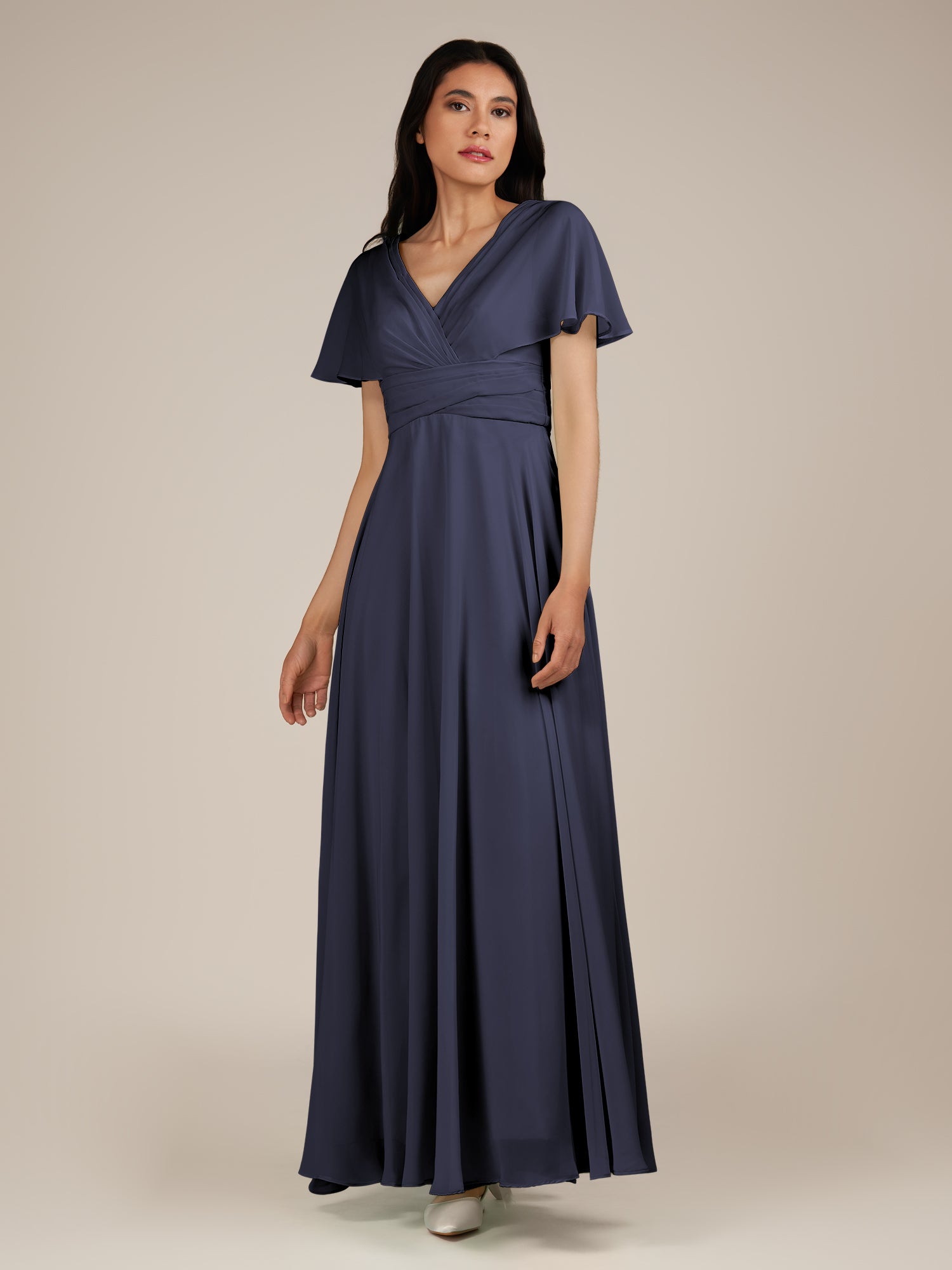 KissDress-Jasper Dusk Blue A Line Chiffon Cap Sleeves V Neck Long Bridesmaid Dress with Pleats