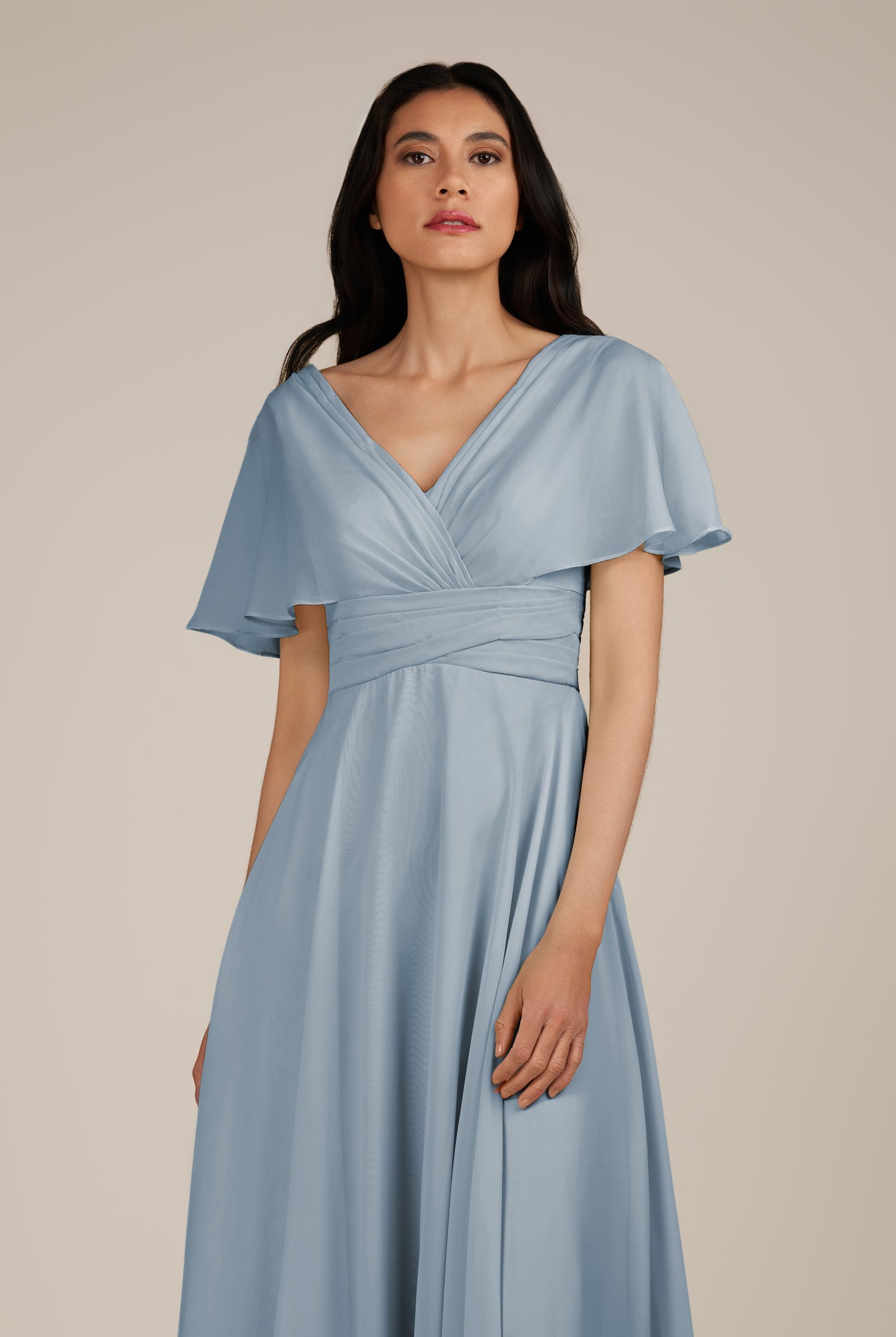 KissDress-Jasper Dusty Blue A Line Chiffon Cap Sleeves V Neck Long Bridesmaid Dress with Pleats