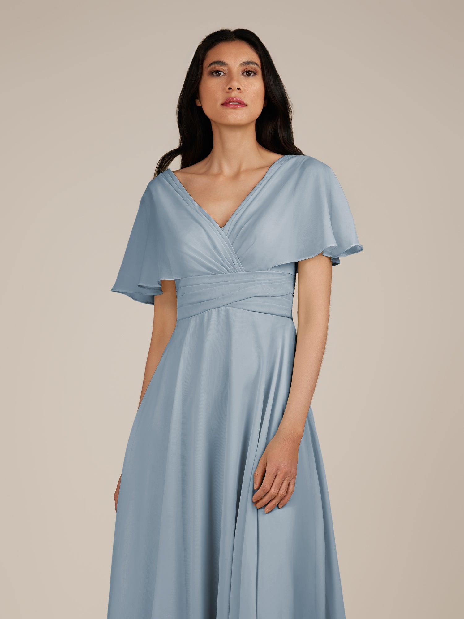 KissDress-Jasper Dusty Blue A Line Chiffon Cap Sleeves V Neck Long Bridesmaid Dress with Pleats