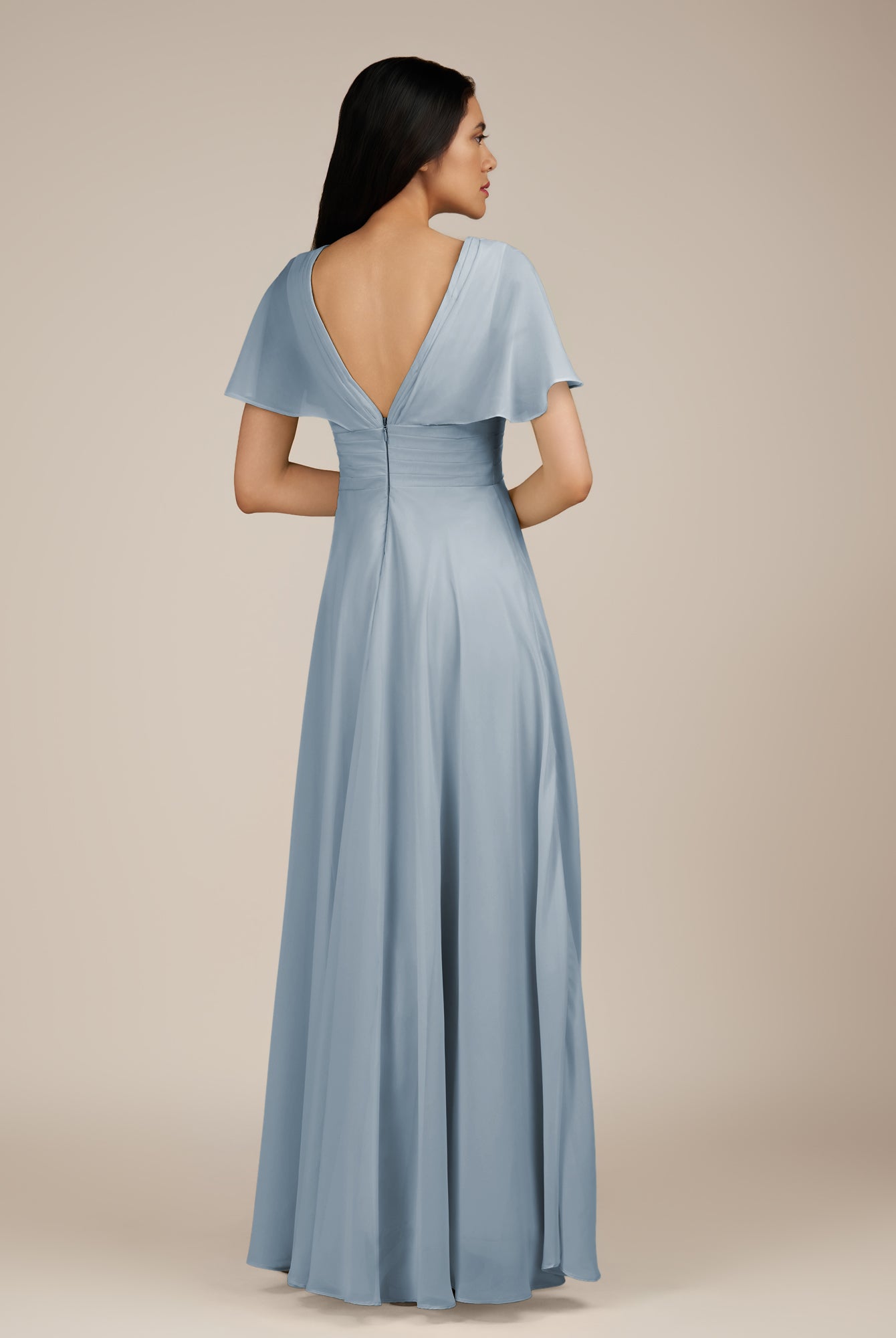 KissDress-Jasper Dusty Blue A Line Chiffon Cap Sleeves V Neck Long Bridesmaid Dress with Pleats