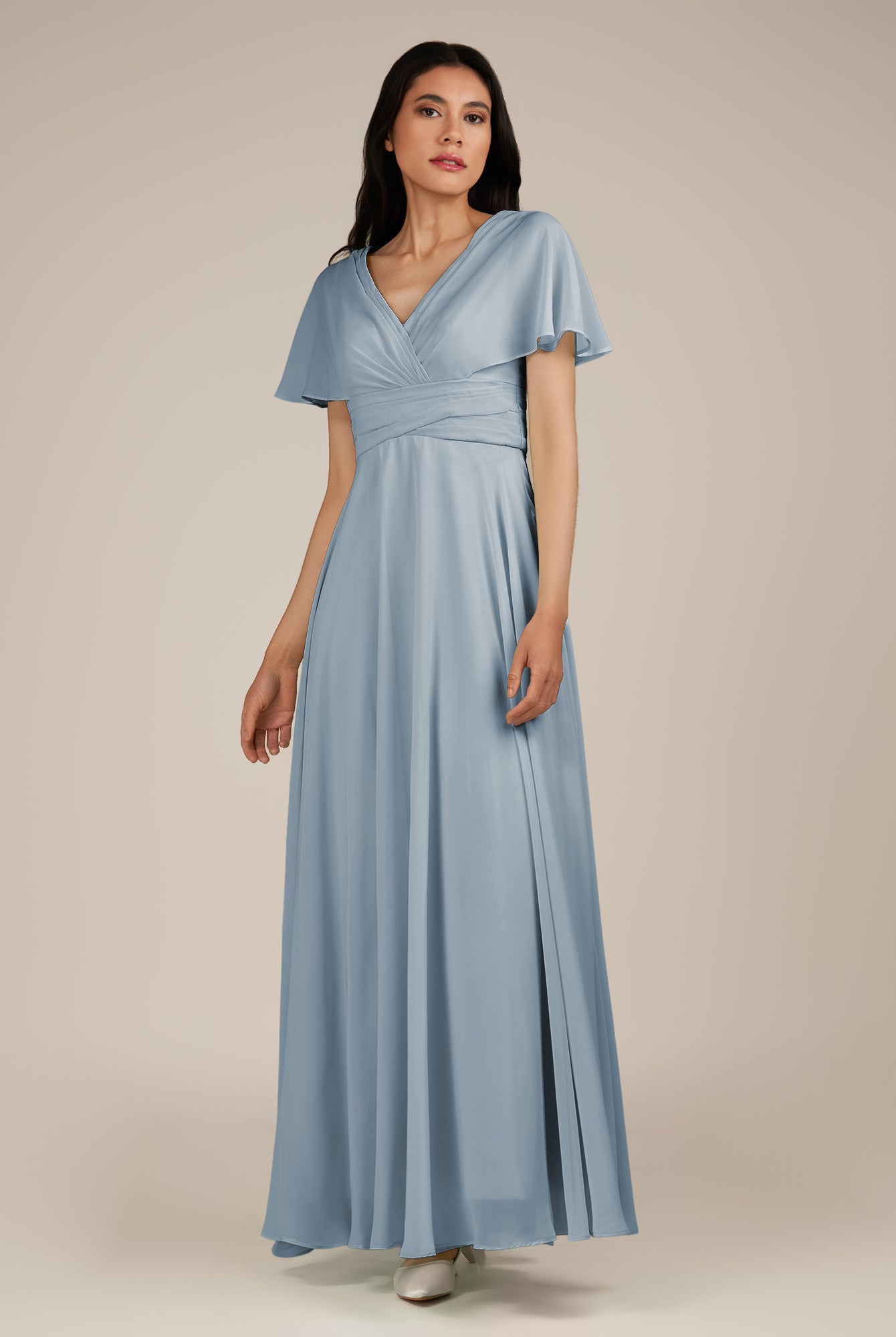 KissDress-Jasper Dusty Blue A Line Chiffon Cap Sleeves V Neck Long Bridesmaid Dress with Pleats