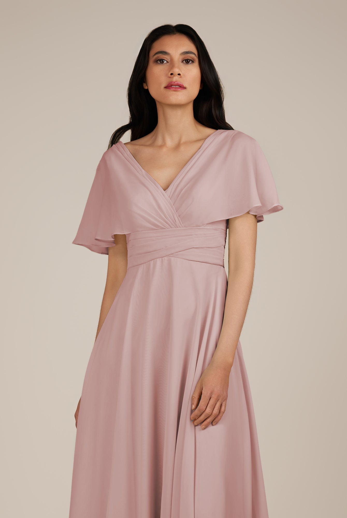 KissDress-Jasper Dusty Rose A Line Chiffon Cap Sleeves V Neck Long Bridesmaid Dress with Pleats