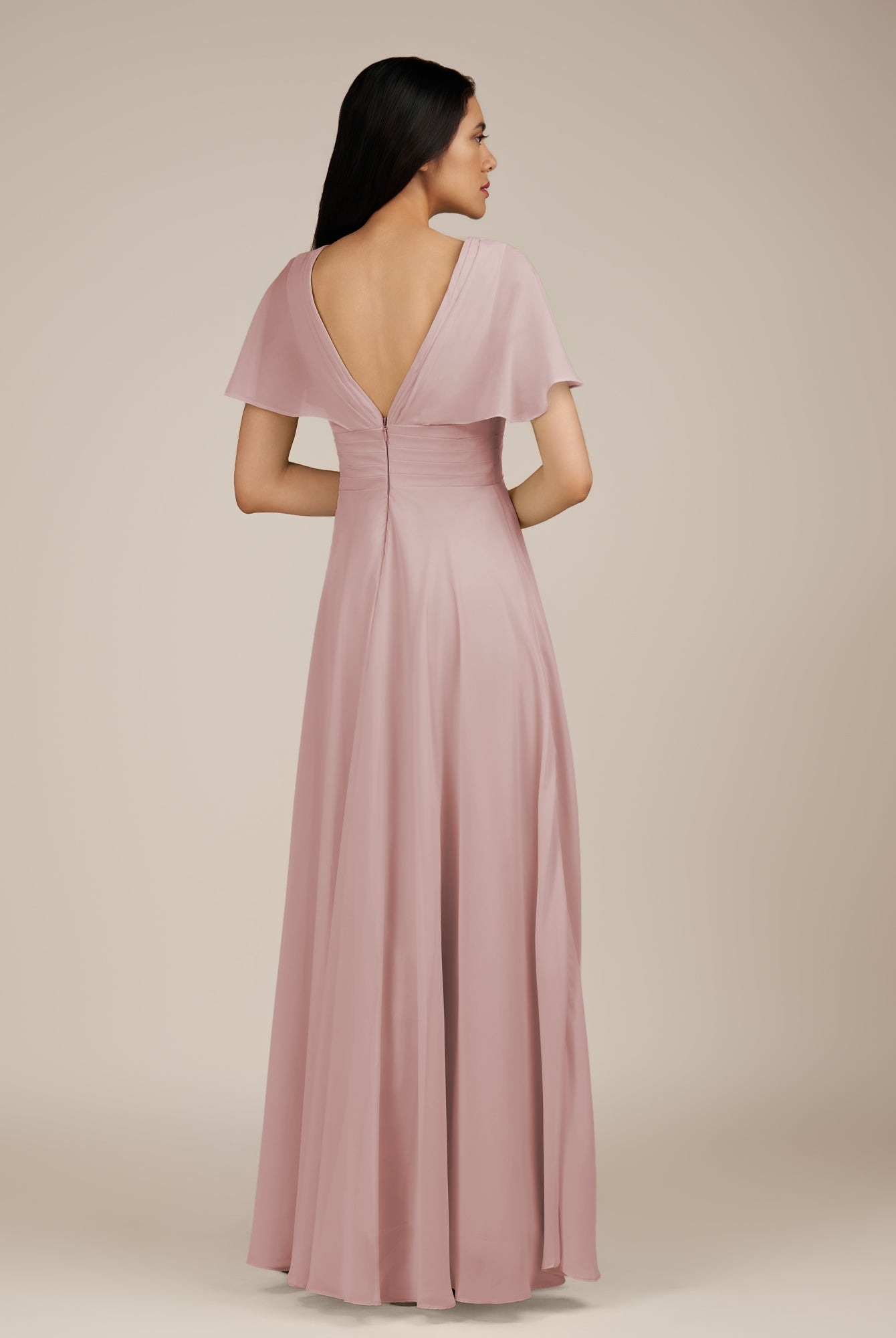 KissDress-Jasper Dusty Rose A Line Chiffon Cap Sleeves V Neck Long Bridesmaid Dress with Pleats